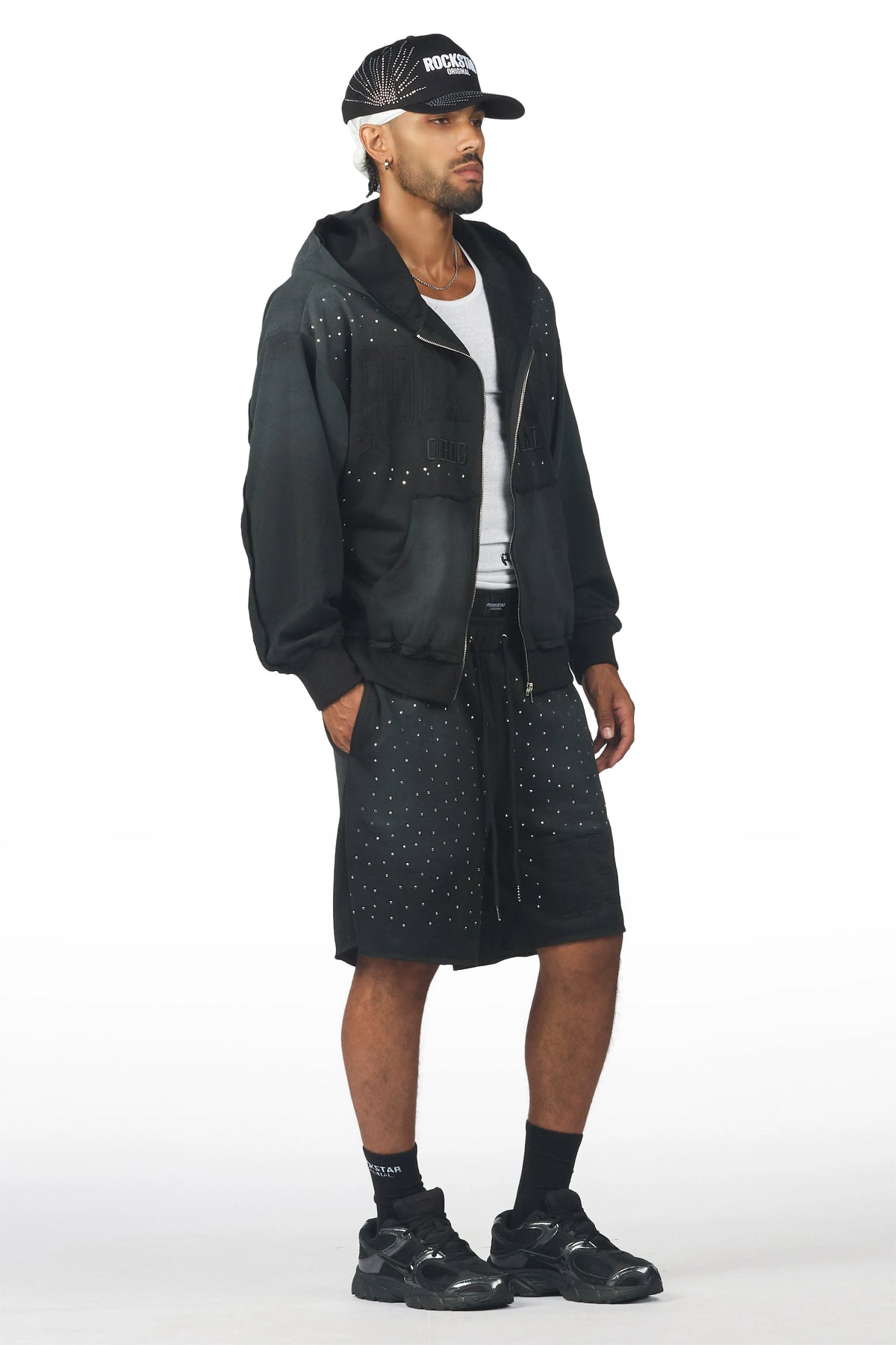Akila Black Rhinestone Hoodie Double Waisted Short Set
