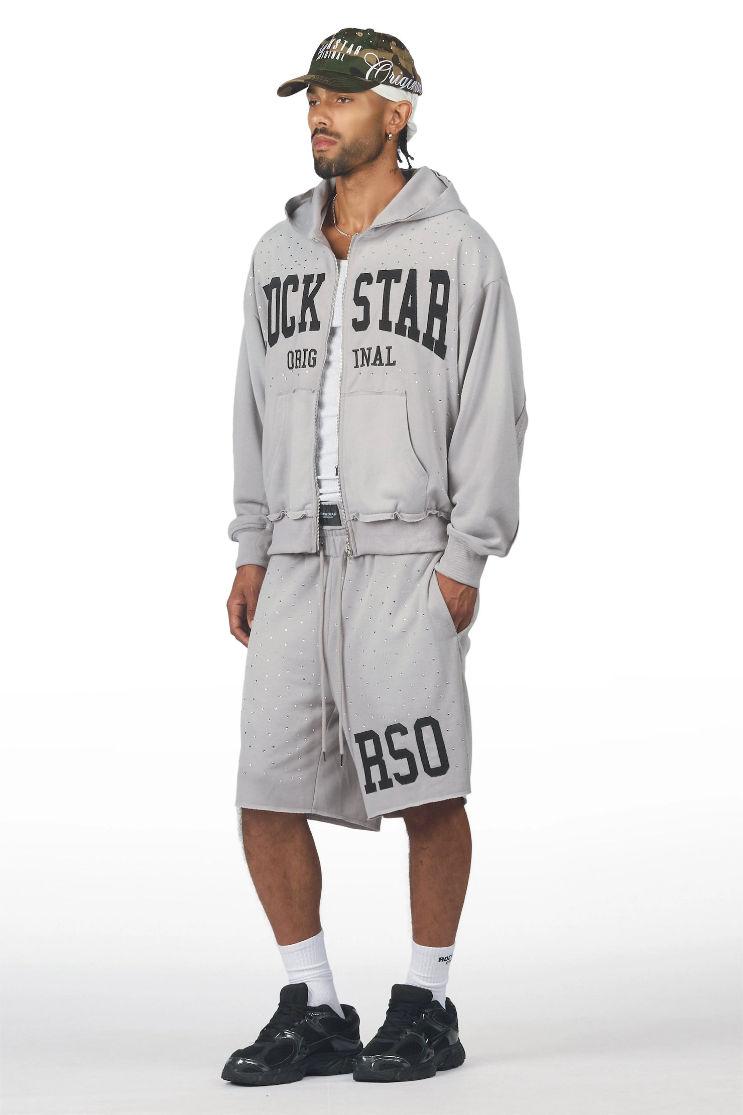 Akila Grey Rhinestone Hoodie Double Waisted Short Set