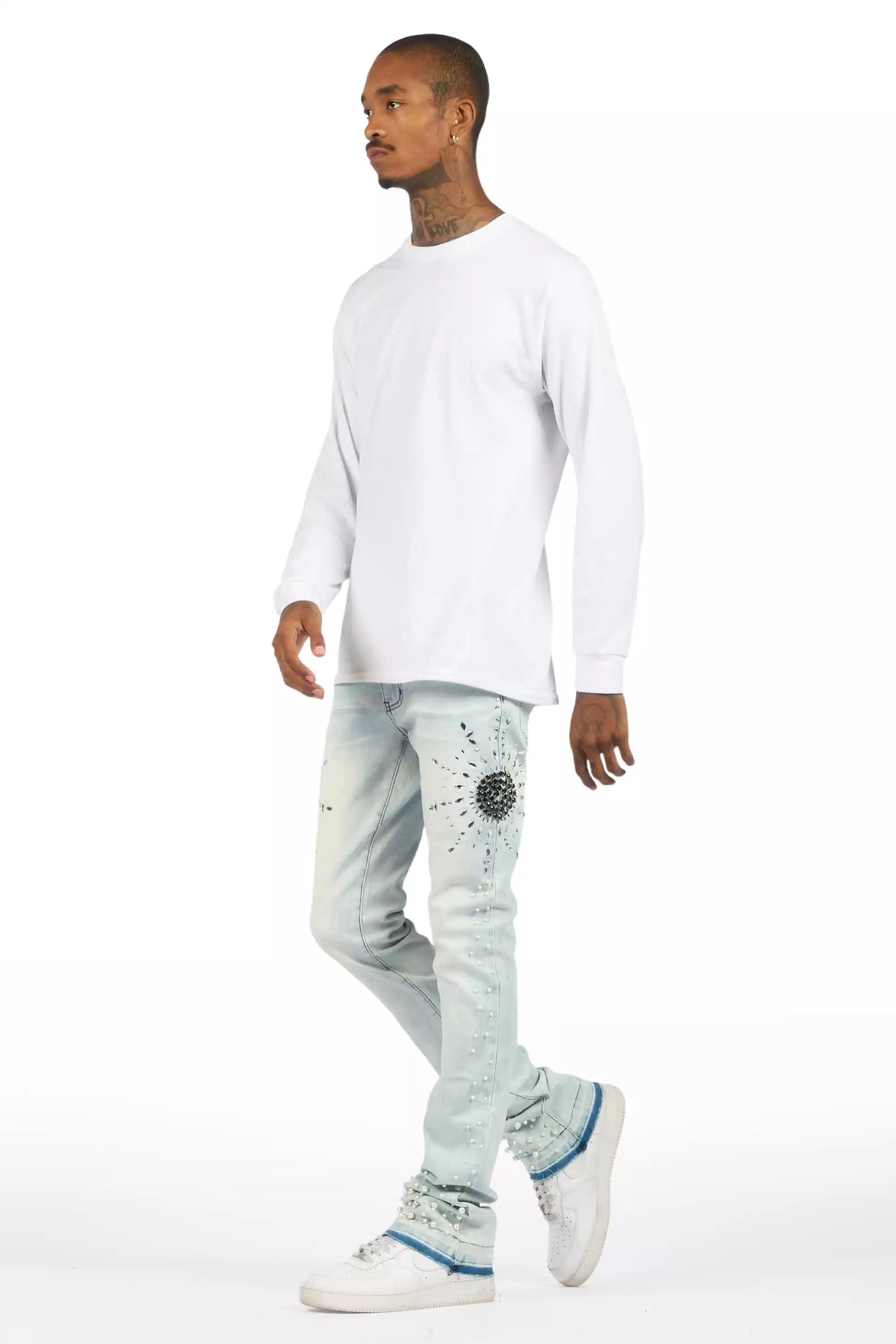 Tryst Light Blue Rhinestone Stacked Flare Jean