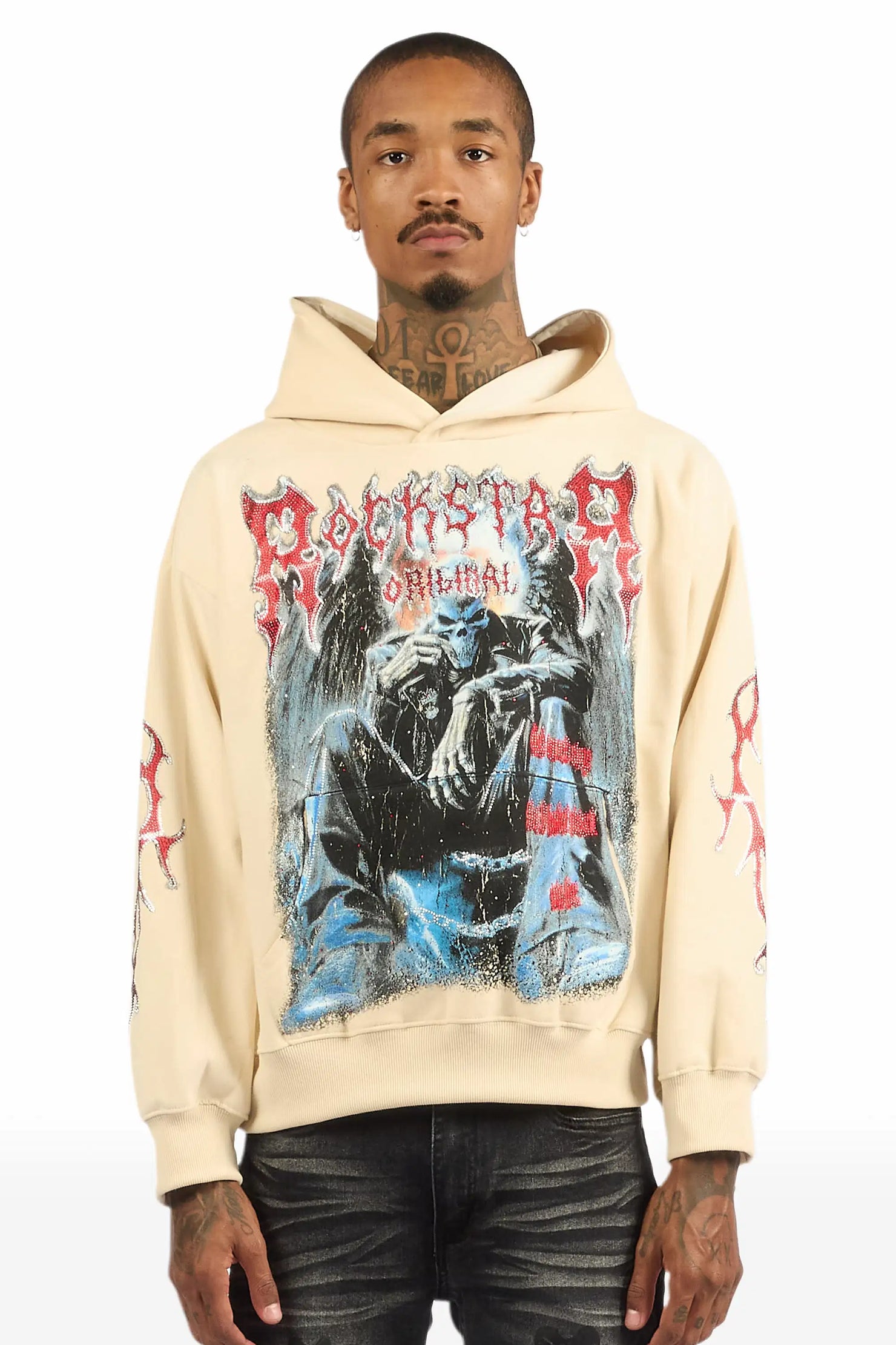 Krowne Beige Rhinestone Oversized Hoodie