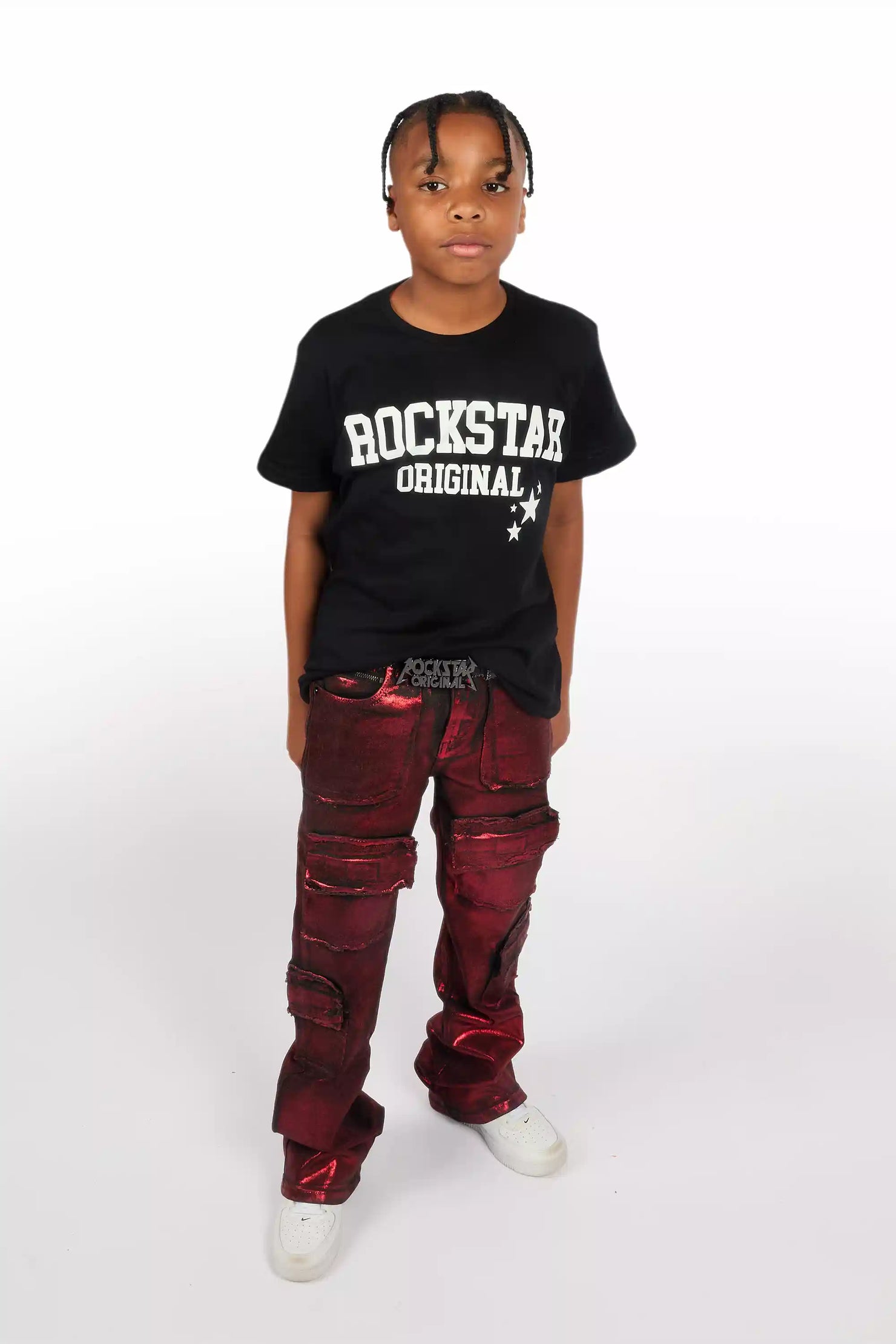 Boys Tyrell Red Metallic Coated Stacked Flare Jean