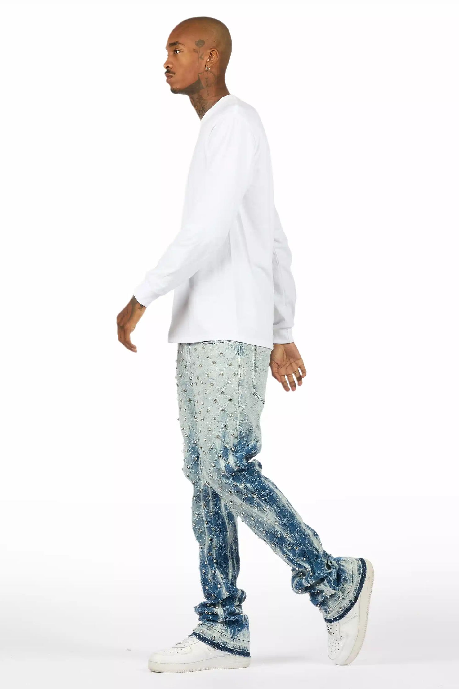 Glit Blue Rhinestone Stacked Flare Jean