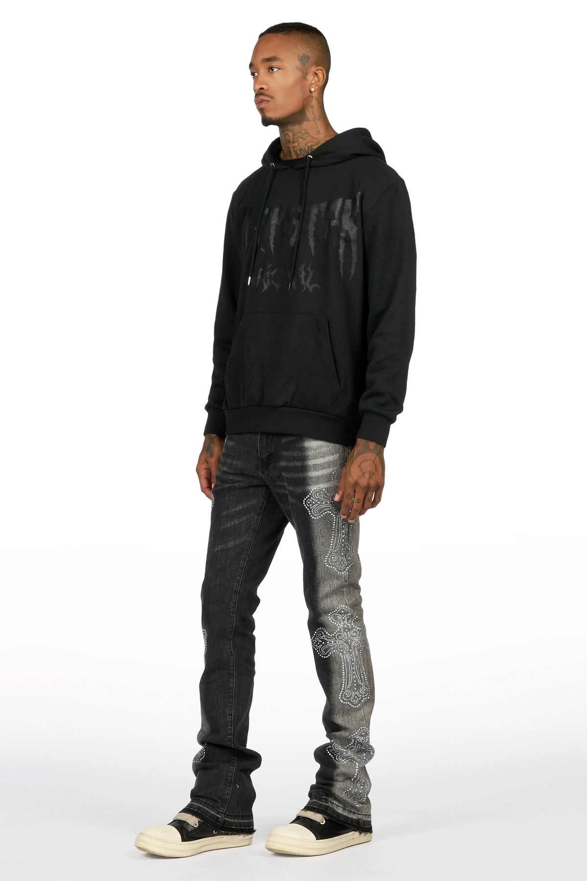 Reggie Dark Grey Rhinestone Stacked Flare Jean