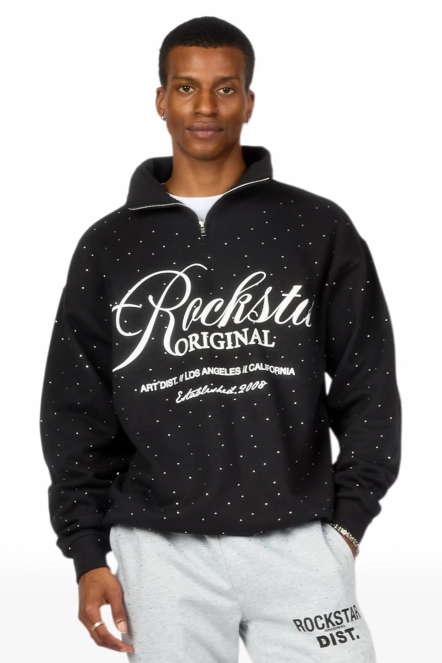 Cero Black Rhinestone Quarter-Zip Sweatshirt