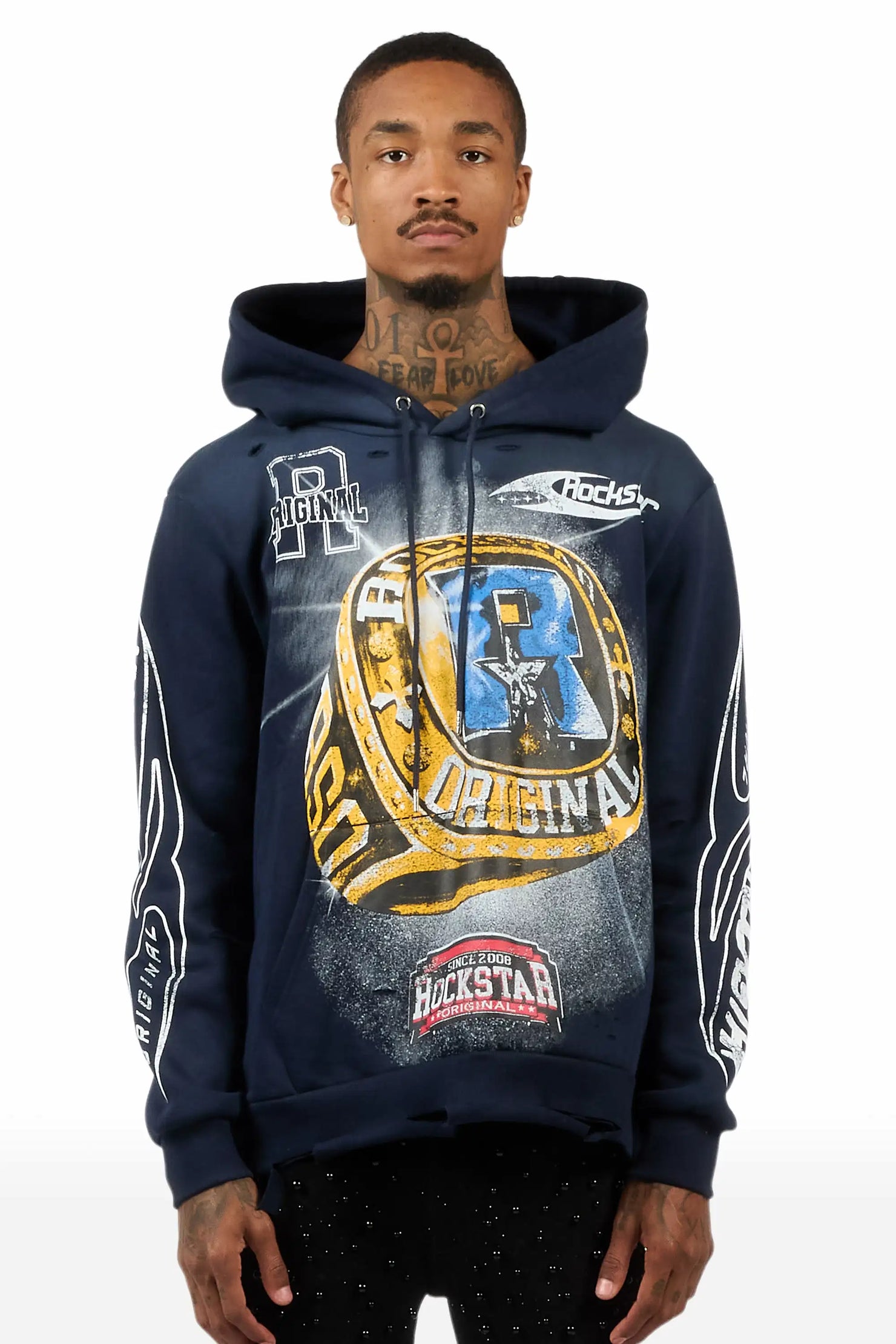 Gemchamp Navy Distressed Graphic Relaxed Hoodie