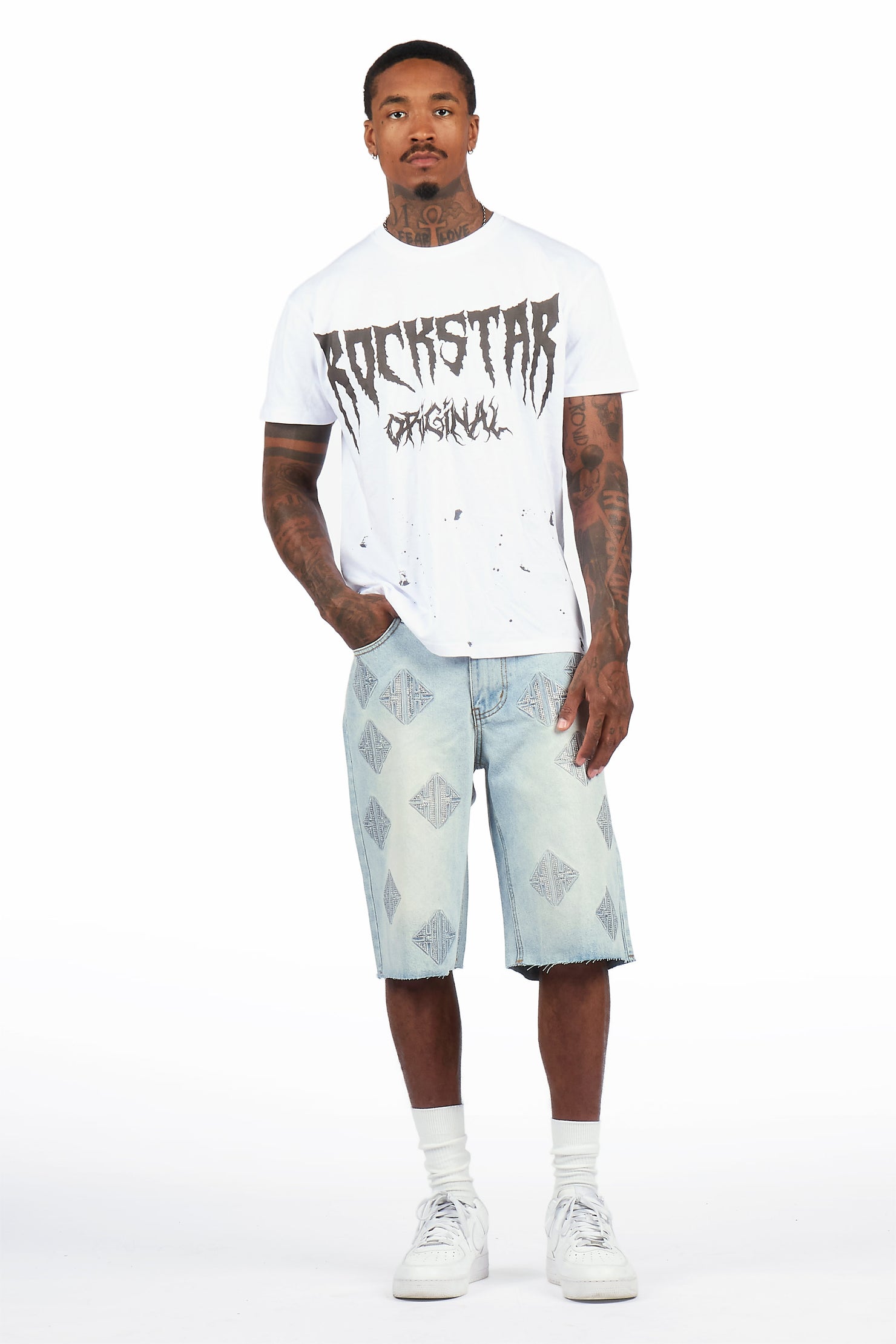 Demanuele Light Blue Rhinestones Denim Short
