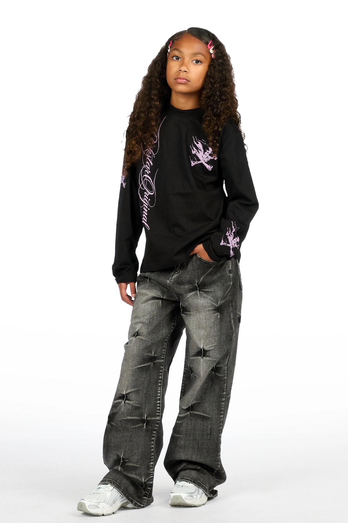 Girls Cabain Black/Pink Long Sleeve Graphic T-Shirt