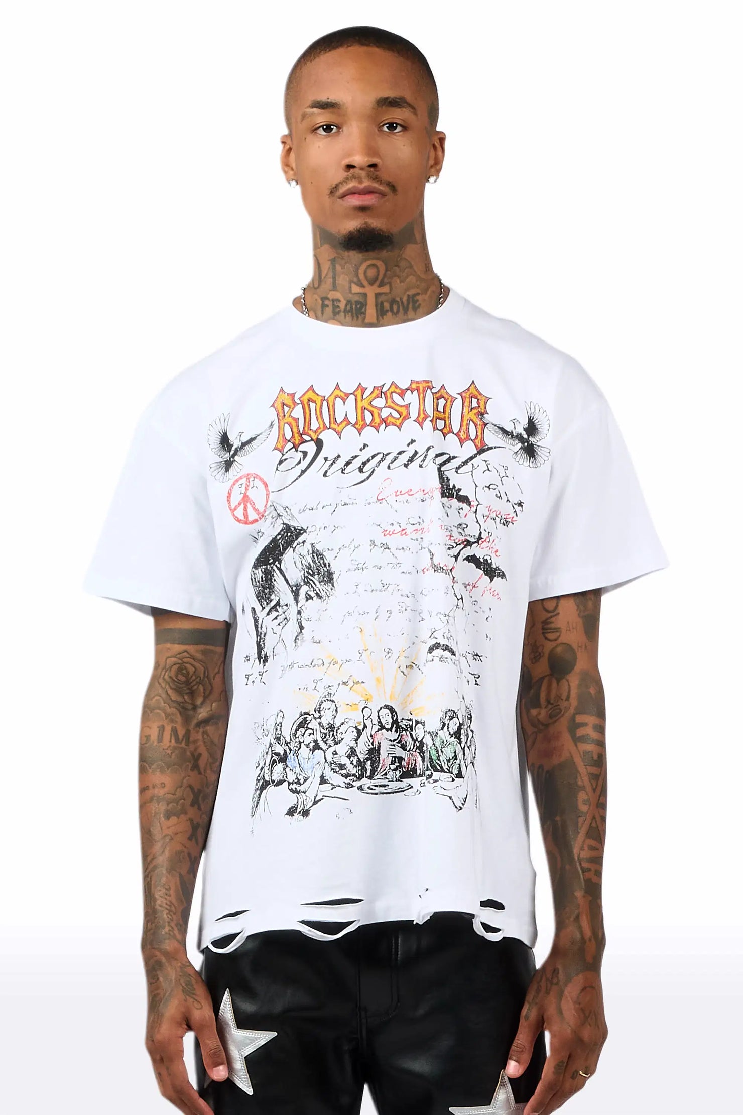 Supper Sketch White Oversized Graphic T-Shirt