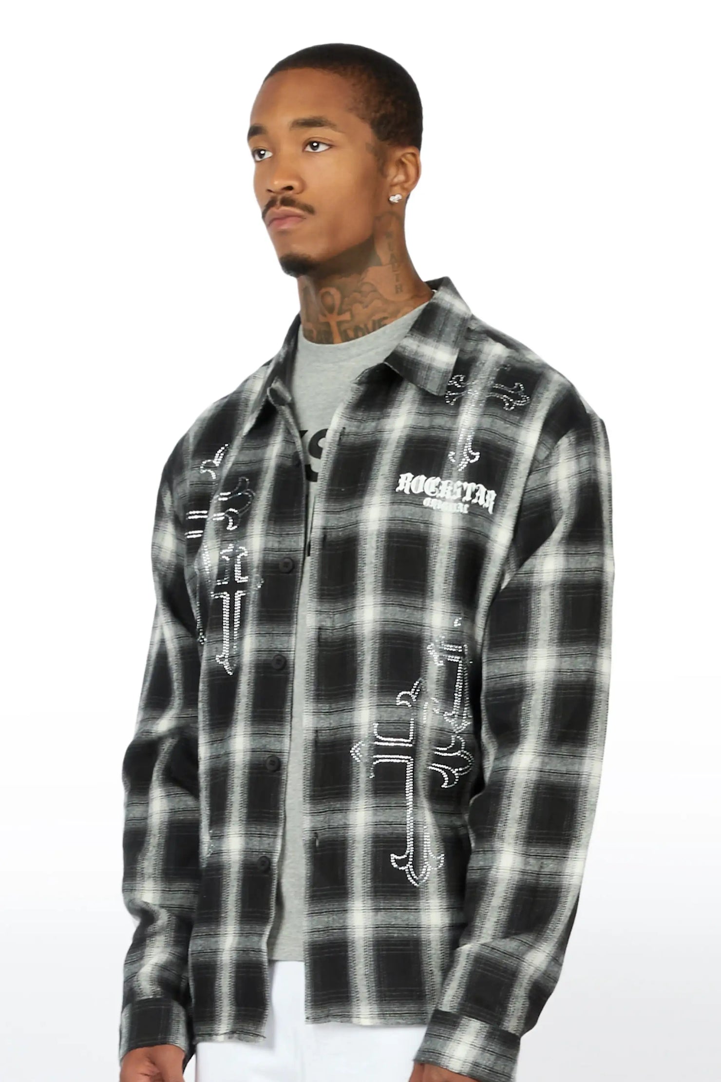 Poldi Black Rhinestone Flannel Long Sleeve Shirt