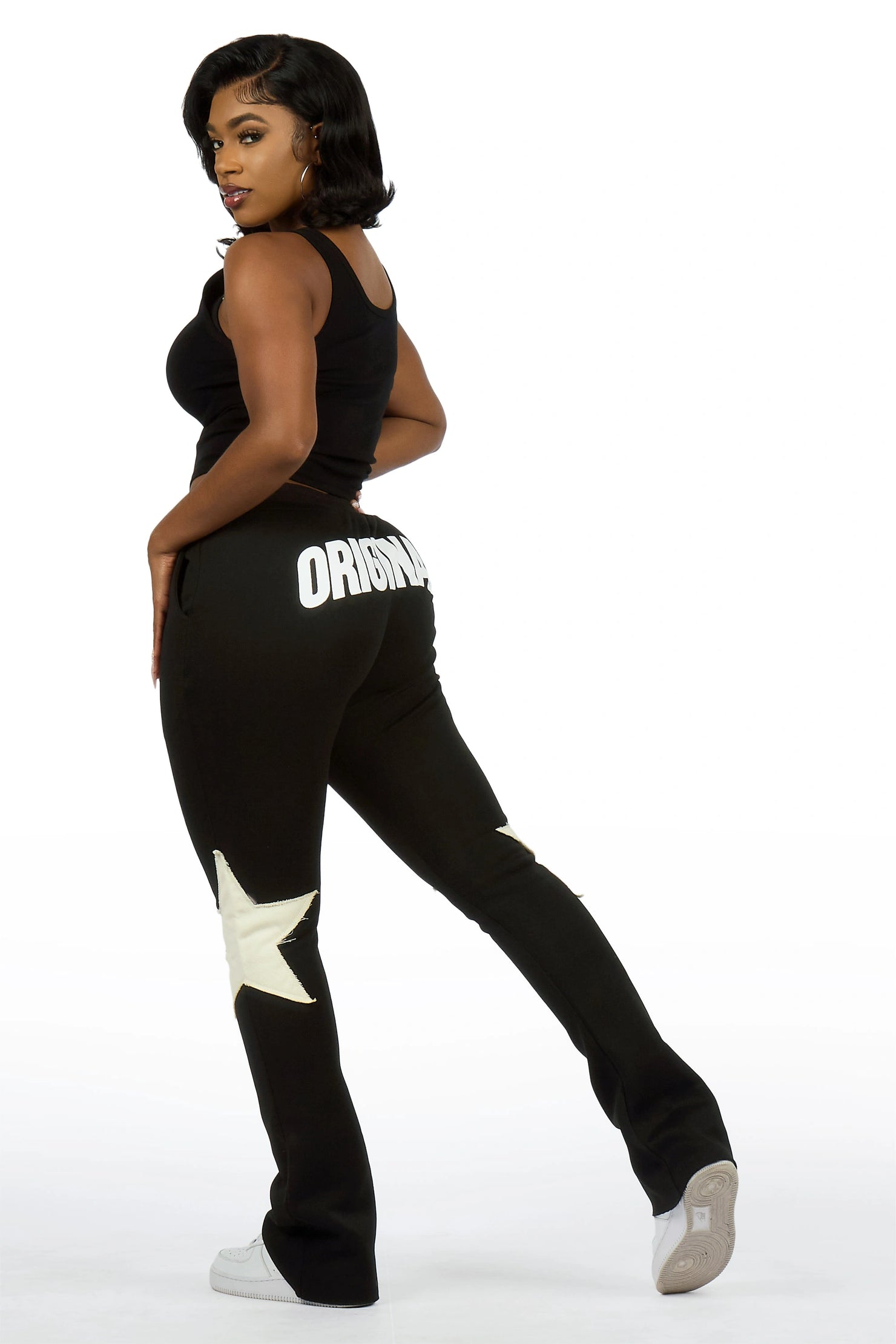 Shanelle Black Patched Stacked Track Pant