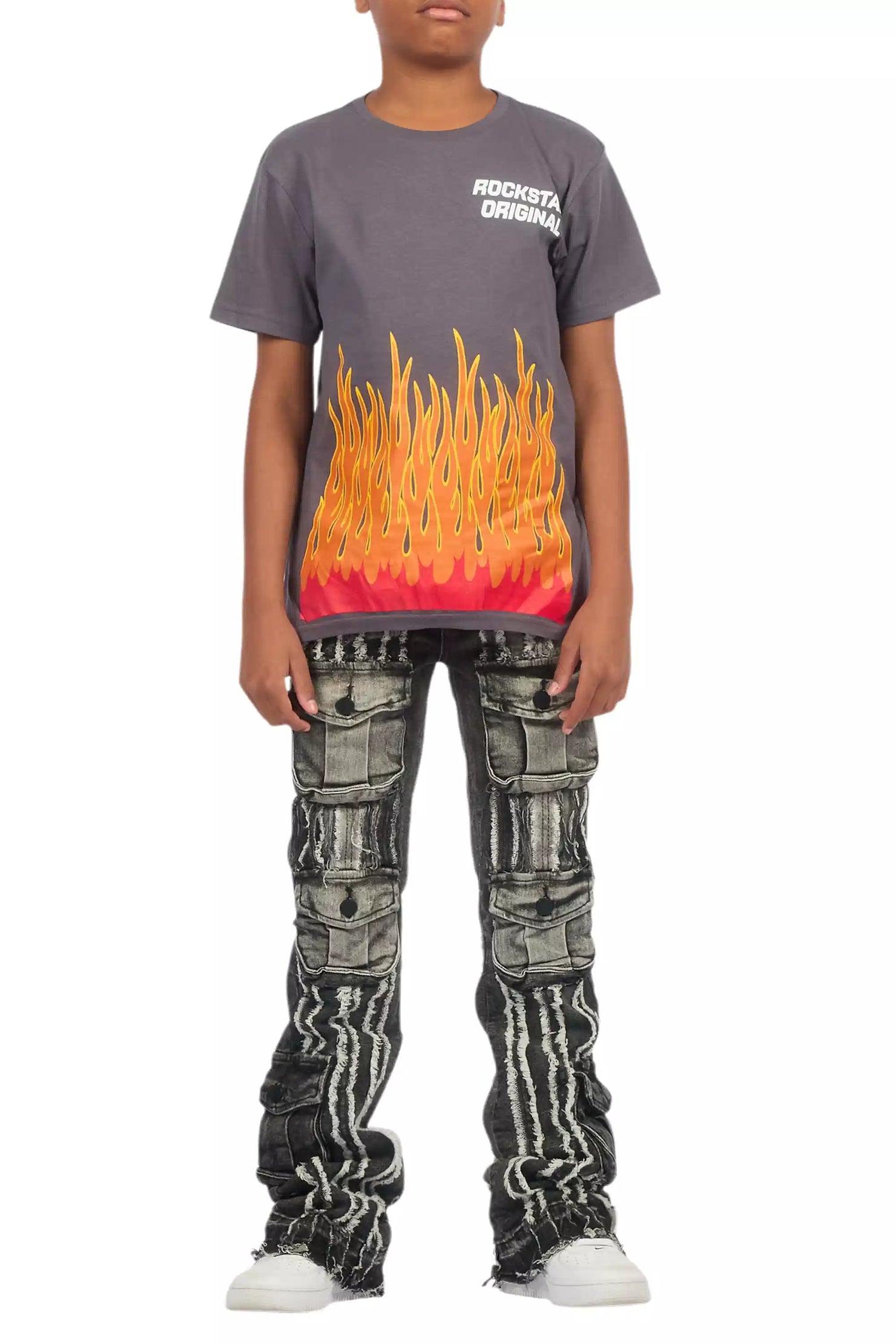 Boys Frey Black Stacked Flare Jean