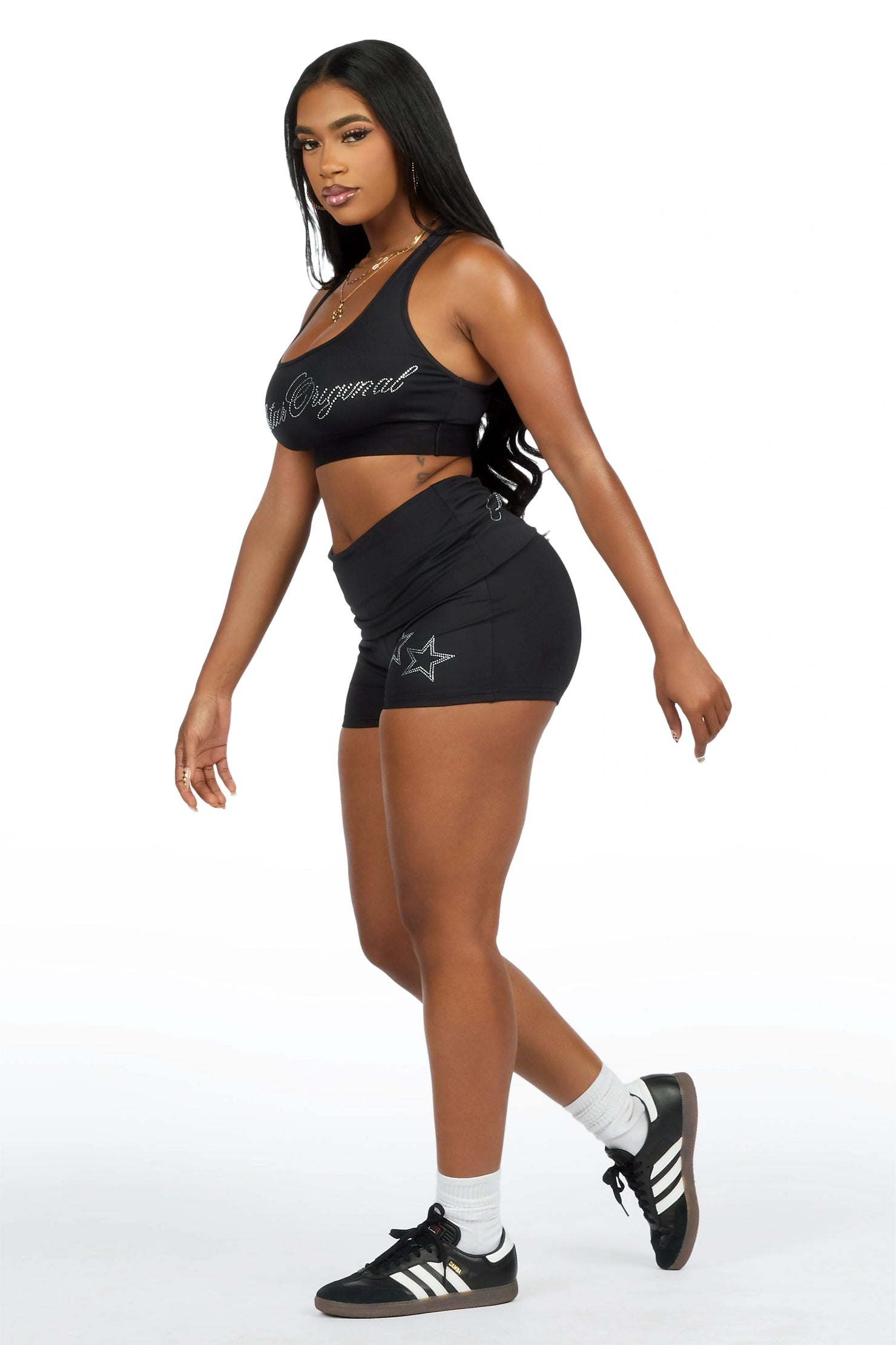 Arieona Black Rhinestone Sports Bra Foldover Short Set
