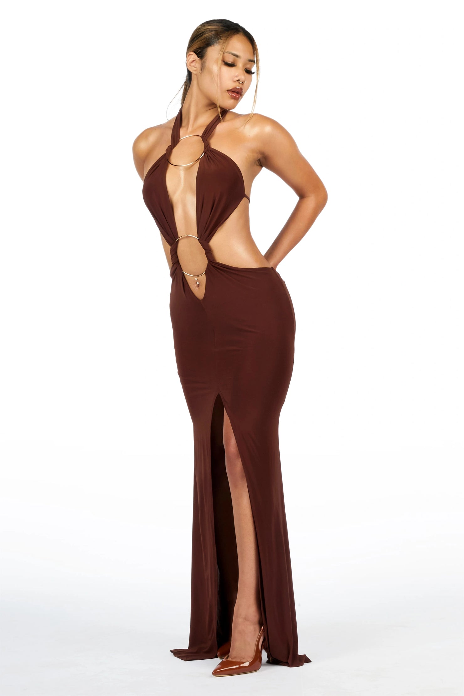 Two-Ring Chocolate Maxi Cut-Out Dress