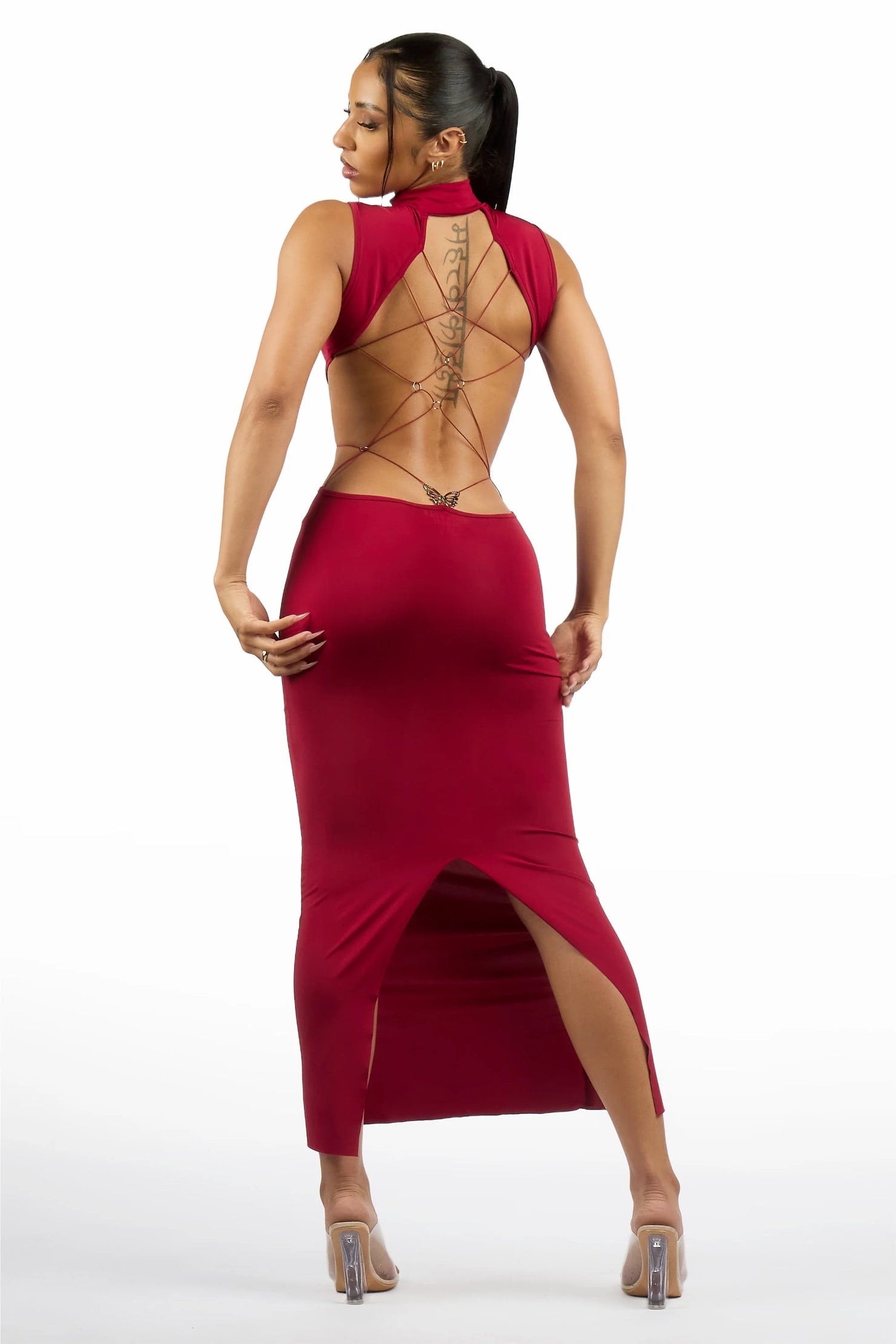 Lo-Fly Butterfly Back Burgundy Maxi Dress