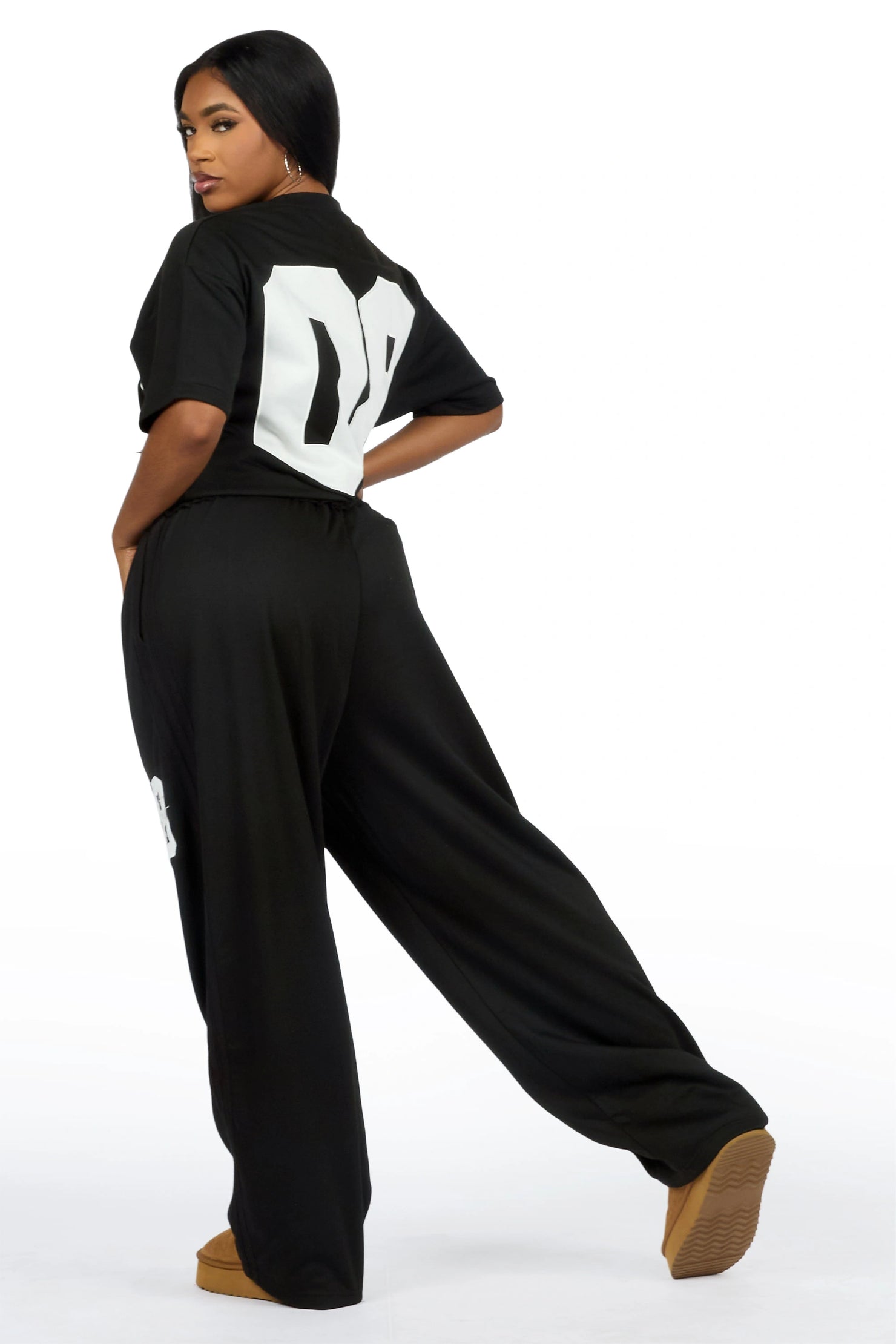Cheyane Black French Terry Chenille Tee/ French Terry Relaxed Track Set