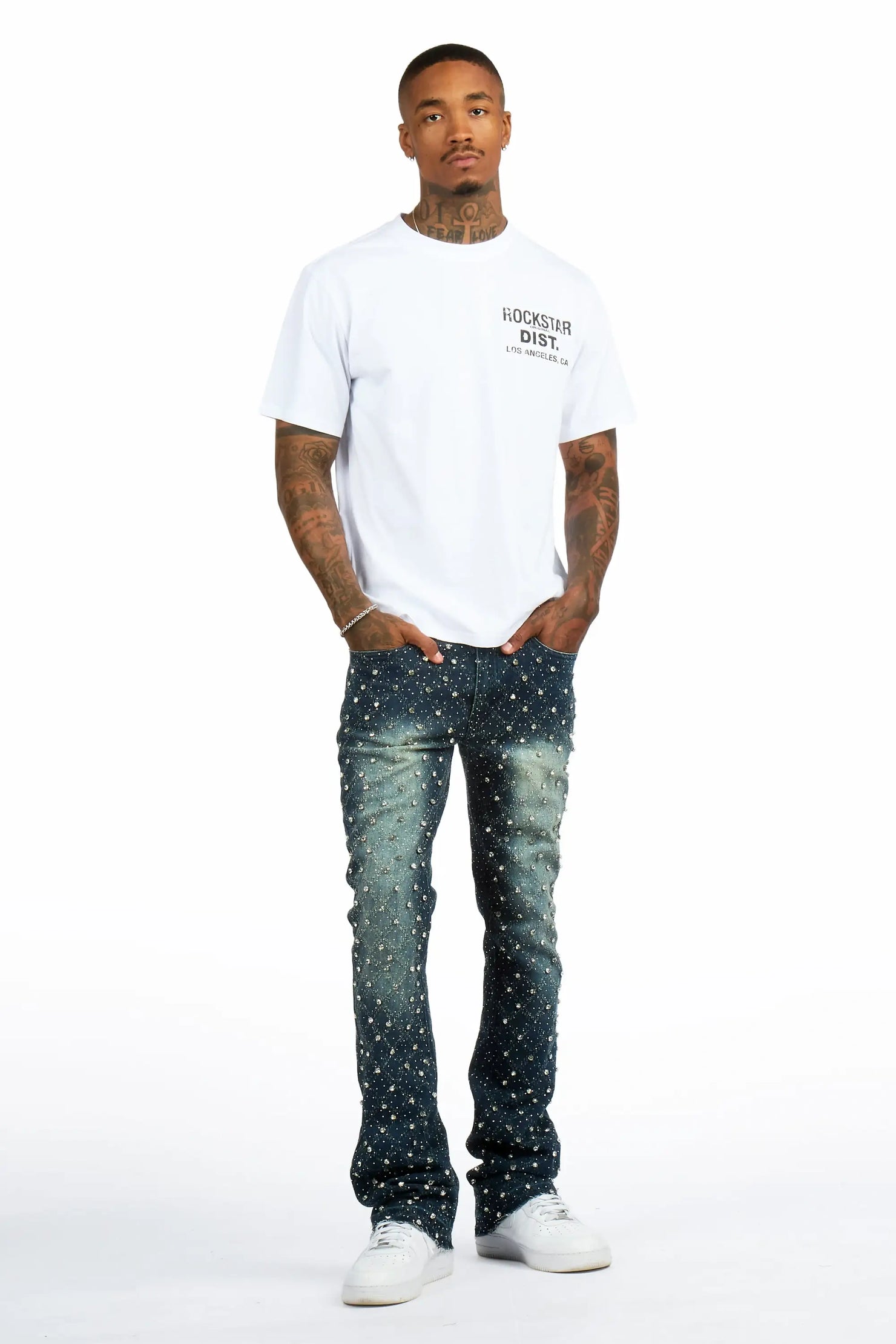 Glit Dark Wash Rhinestone Stacked Flare Jean