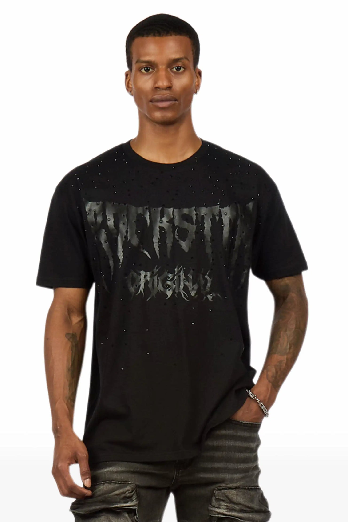 Andros 2.0 Black Rhinestone Oversized Graphic T-Shirt