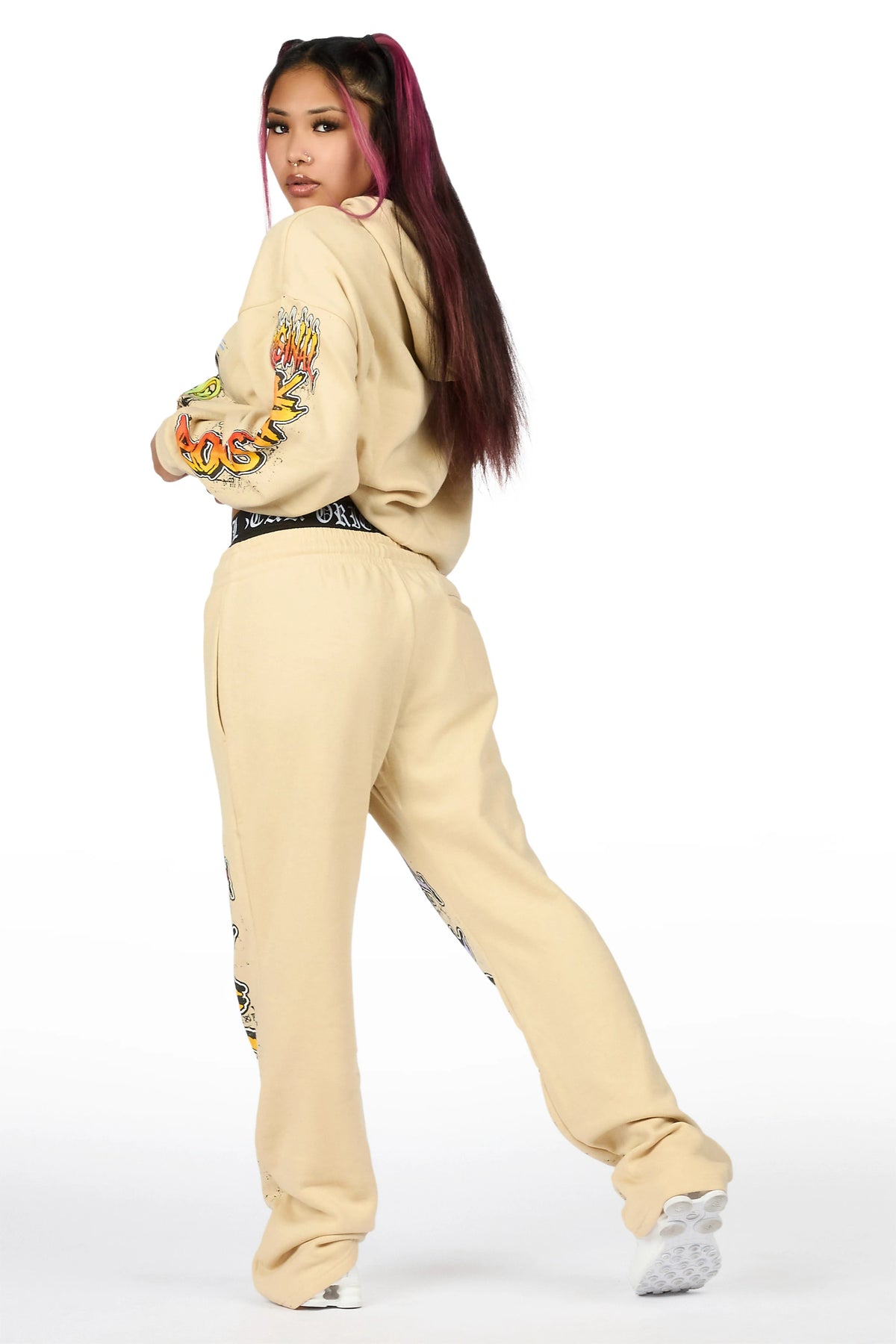 Luxoré Beige Graphic Baggy Fit Track Set