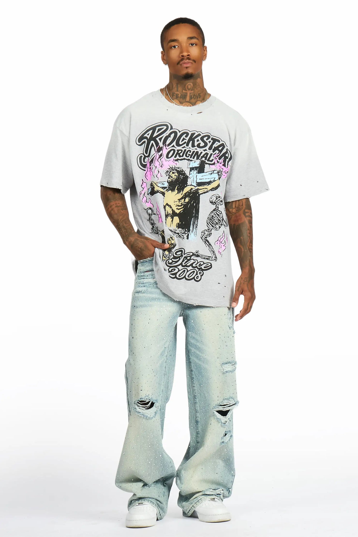 Kyren Heather Grey Oversized Graphic T-Shirt