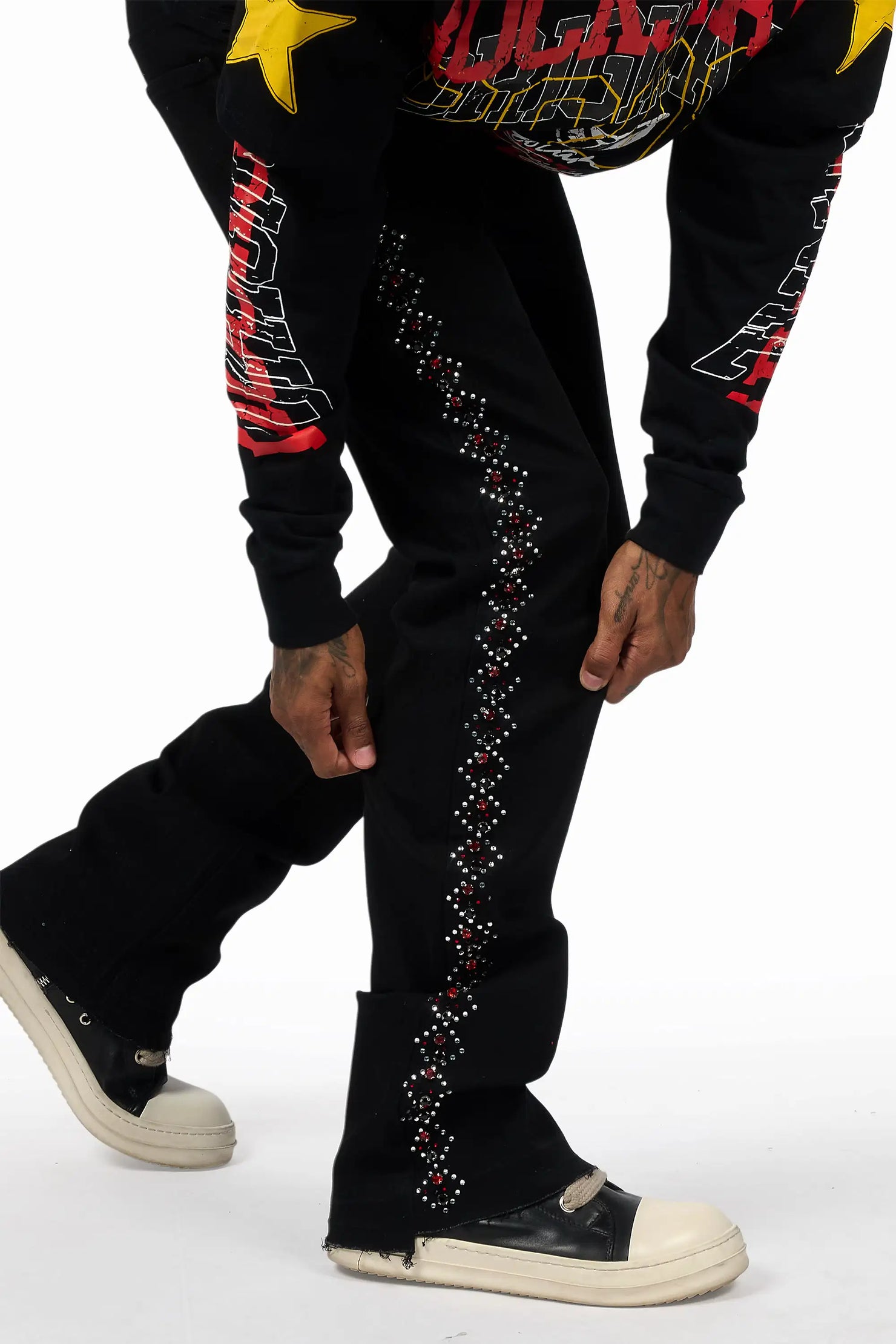 Ozi Rhinestone Black Stacked Flare Jean