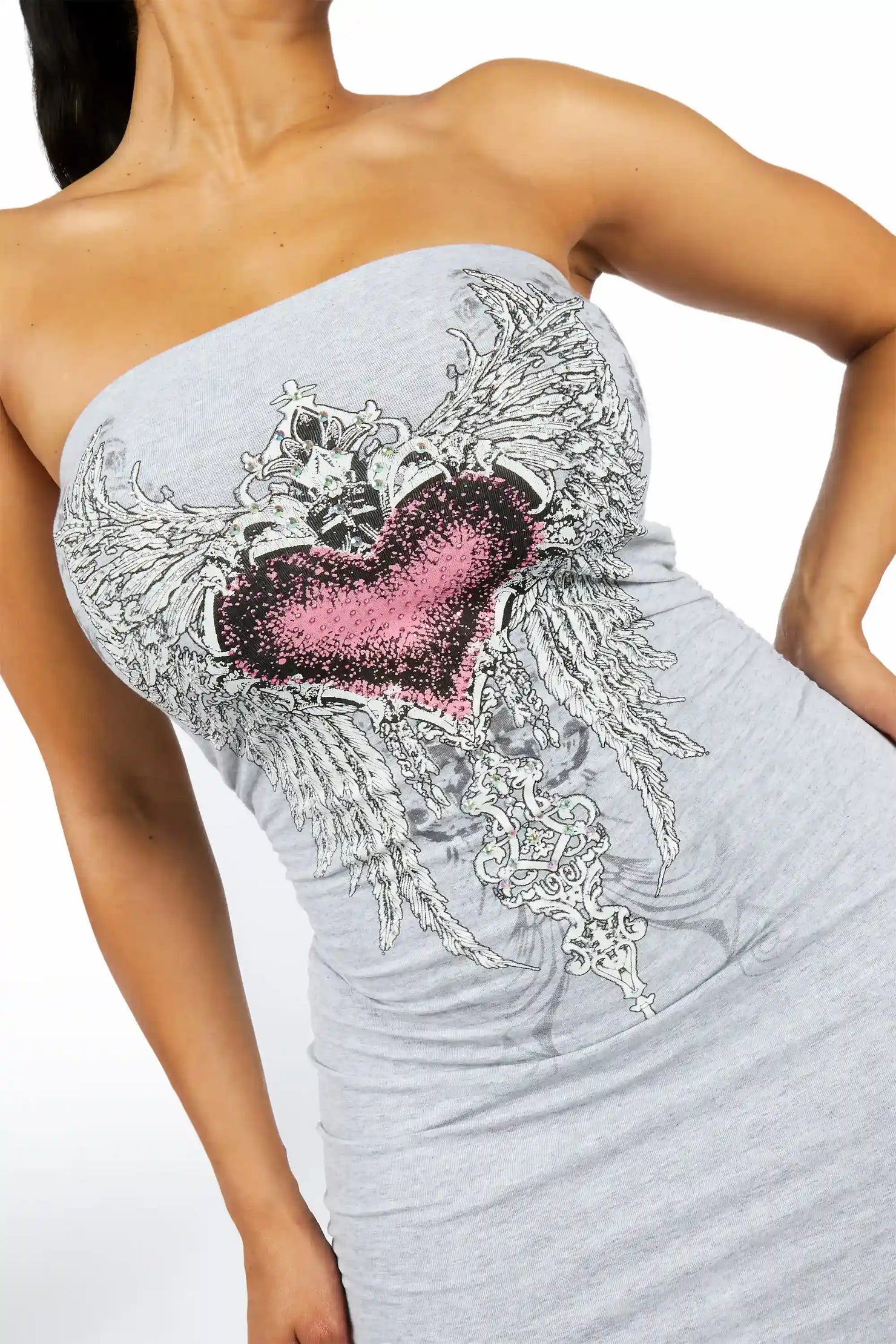 Tattoo-Heart Grey/Pink Strapless Mini Dress