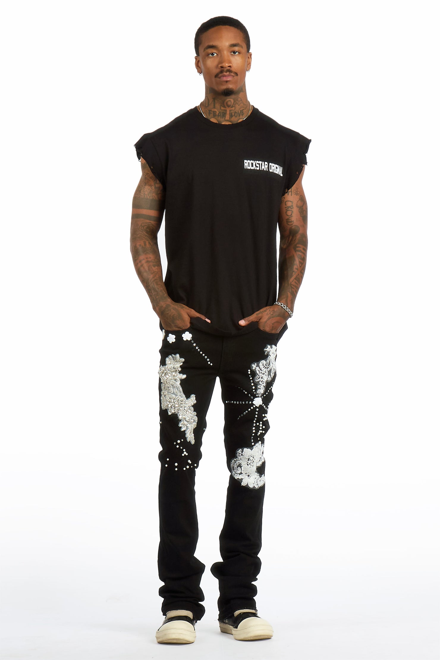 Yezen Black Rhinestone Stacked Fit Jean
