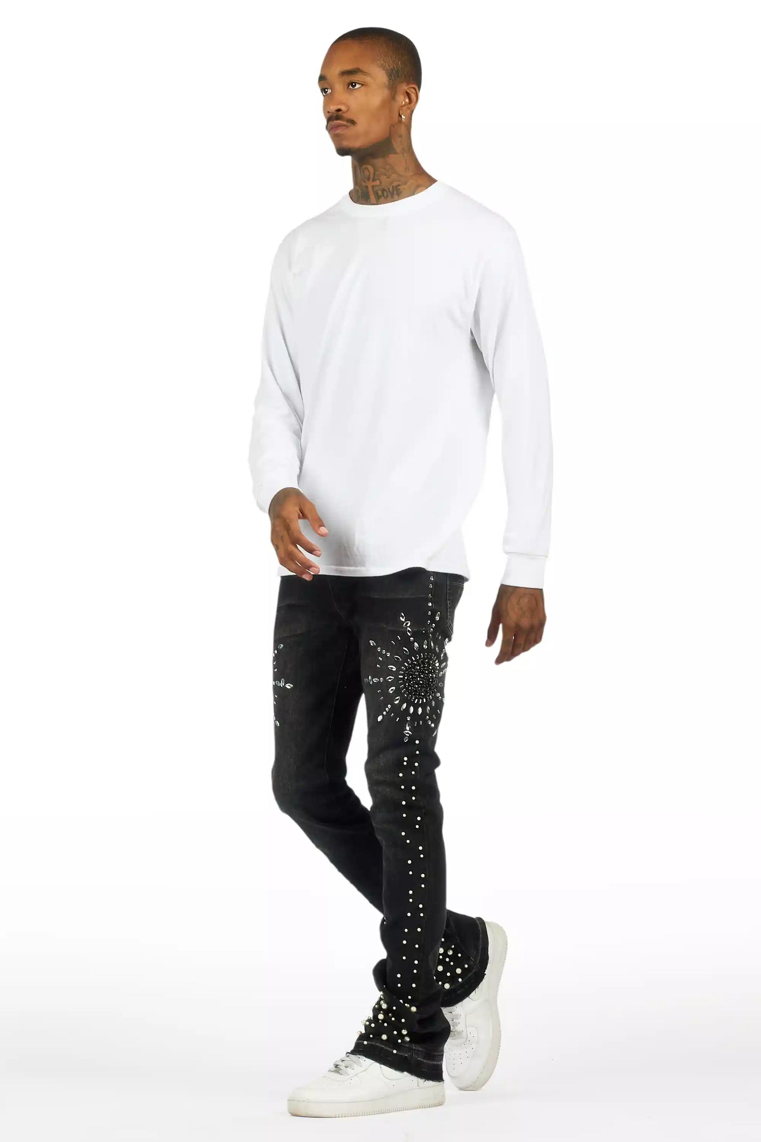 Tryst Dark Grey Rhinestone Stacked Flare Jean