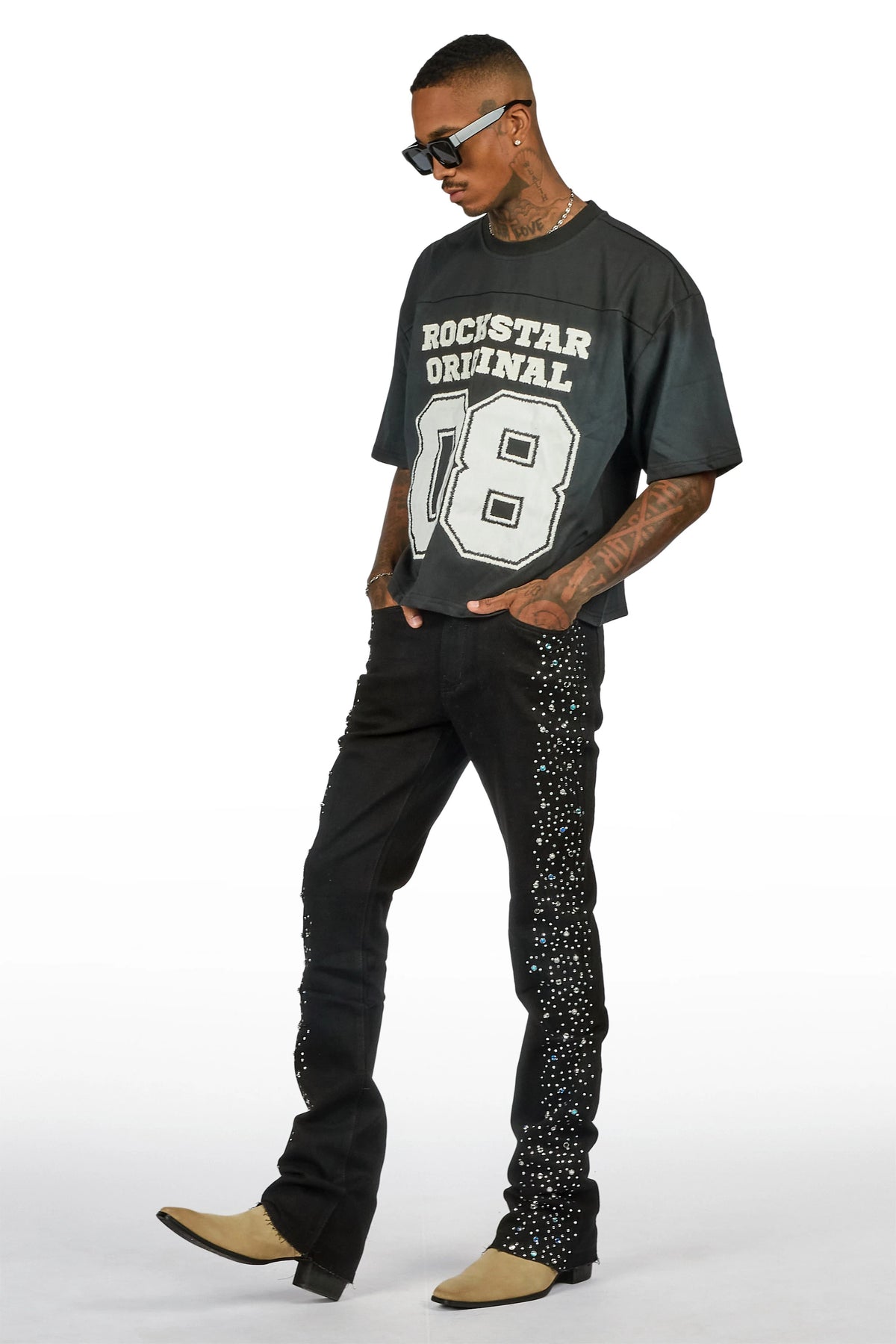 Monty Jet Black Rhinestone Studded Stacked Flare Jean