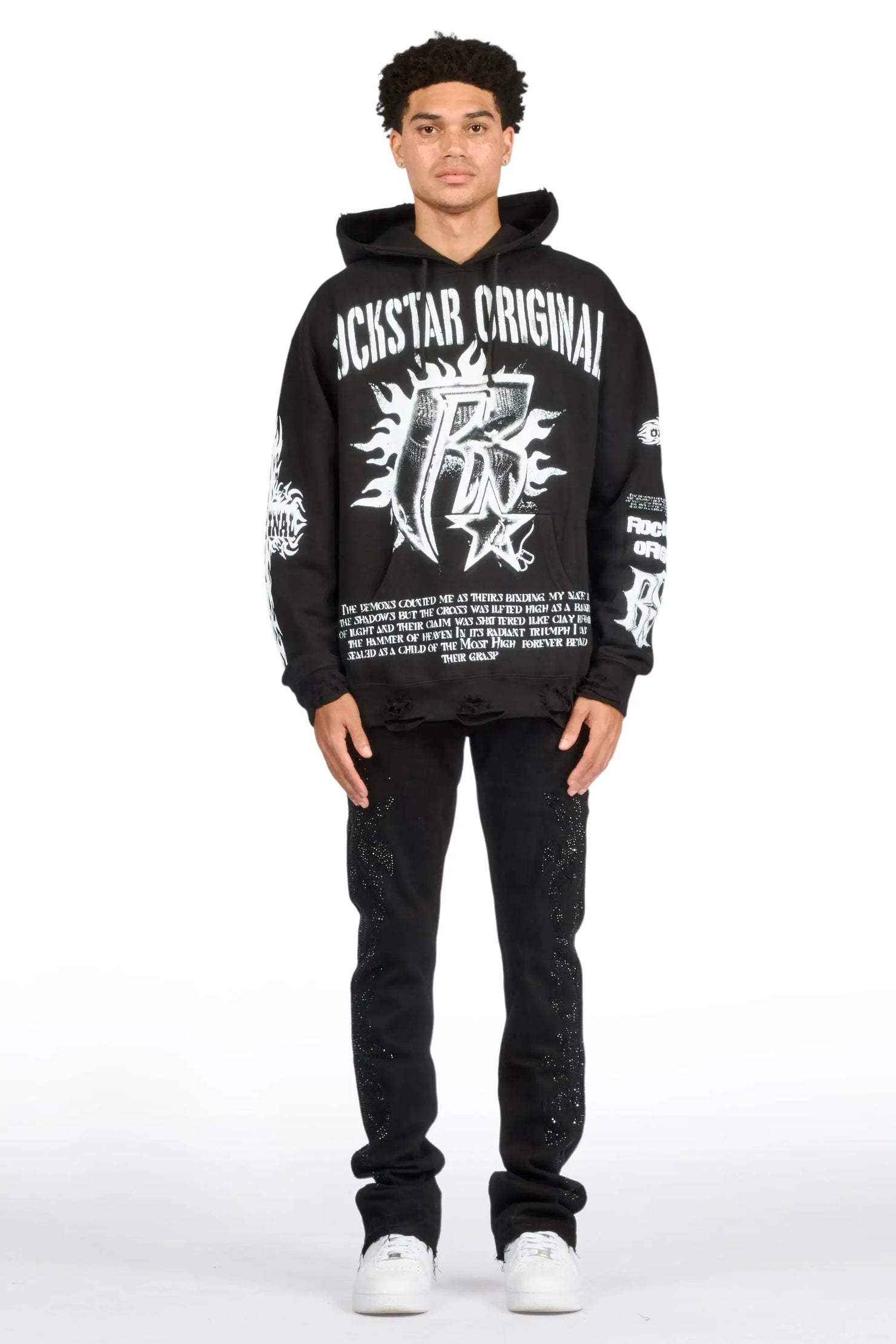 Shamaz Rhinestone Black Stacked Flare Jean