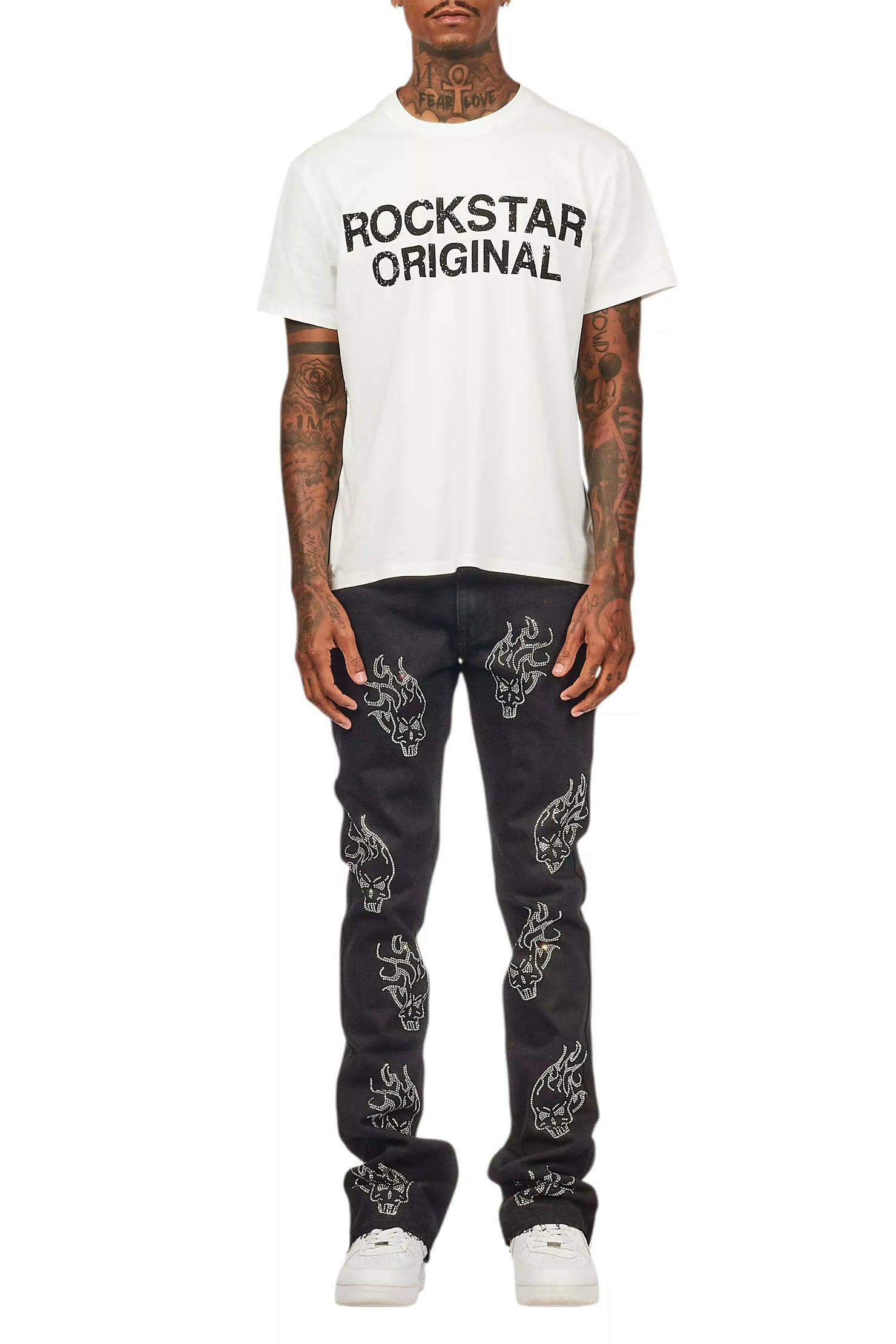 Yari Jet Black Rhinestone Stacked Flare Jean