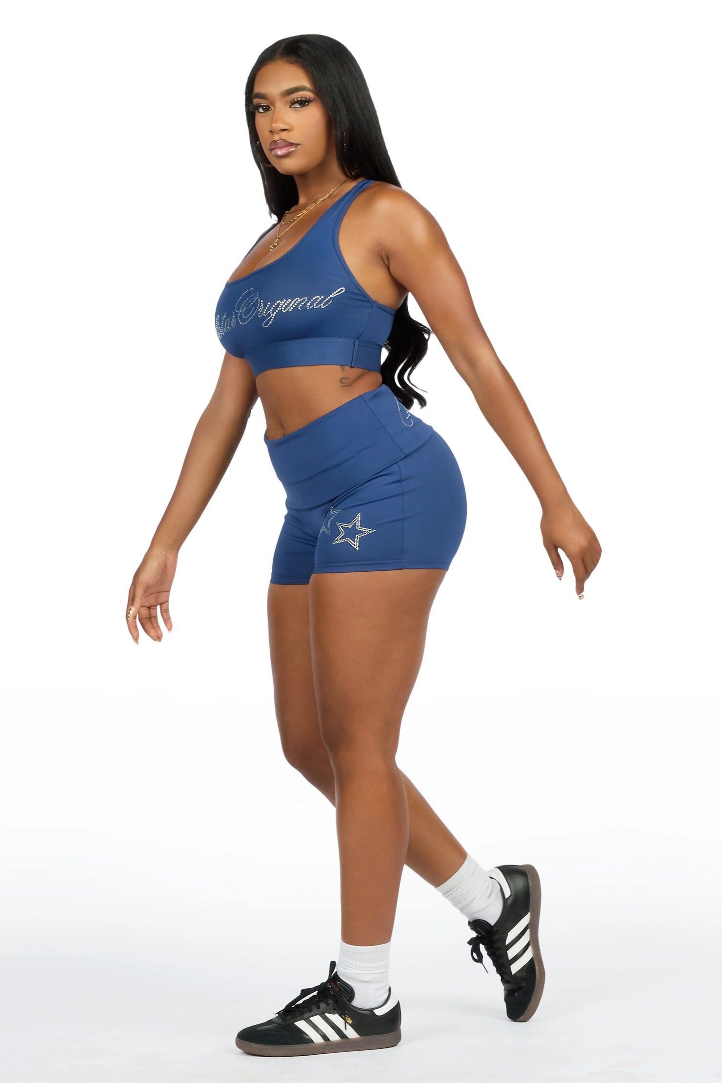 Arieona Navy Rhinestone Sports Bra Foldover Short Set