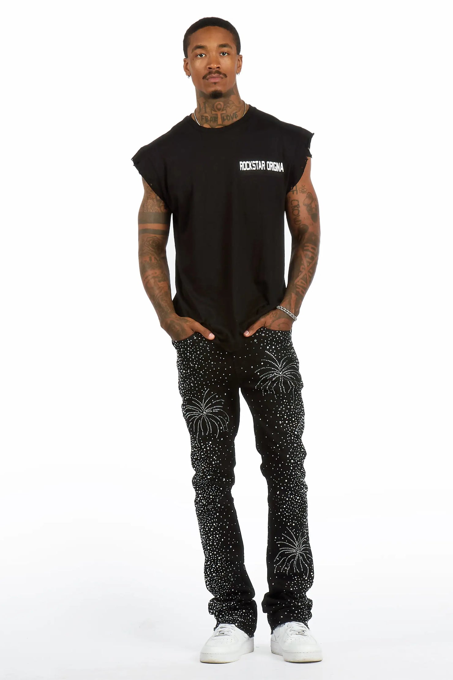 Raiden Black Rhinestone Stacked Fit Jean