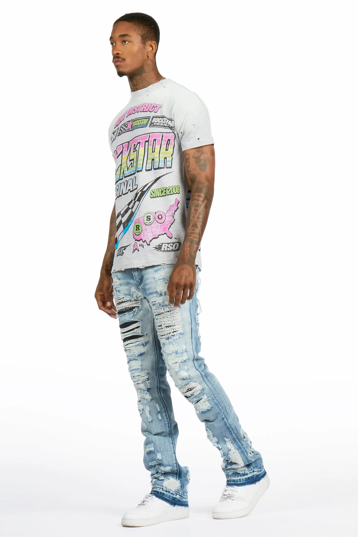 Mathey Light Blue Rhinestone Stacked Fit Jean