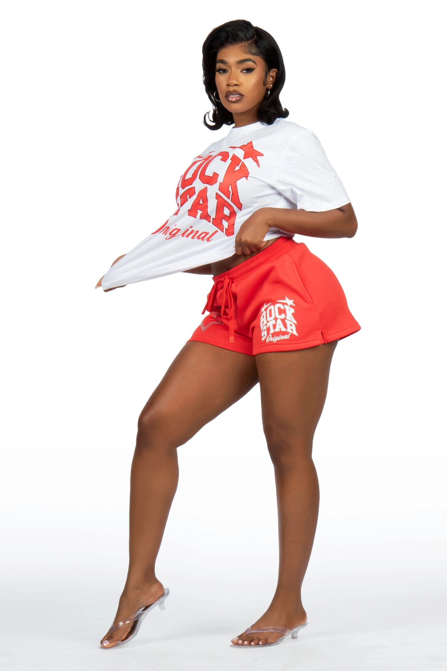 Flaveya White/Red Rhinestone T-Shirt Short Set