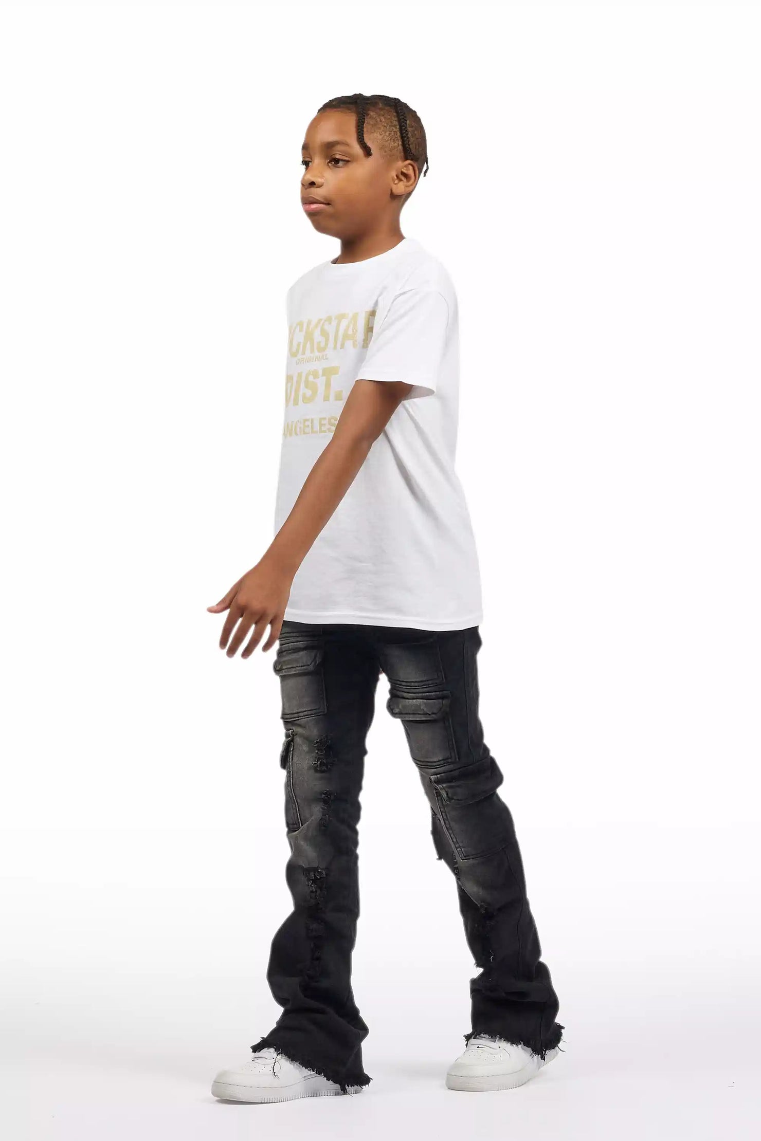 Boys Kade jet Black Stacked Flare Jean
