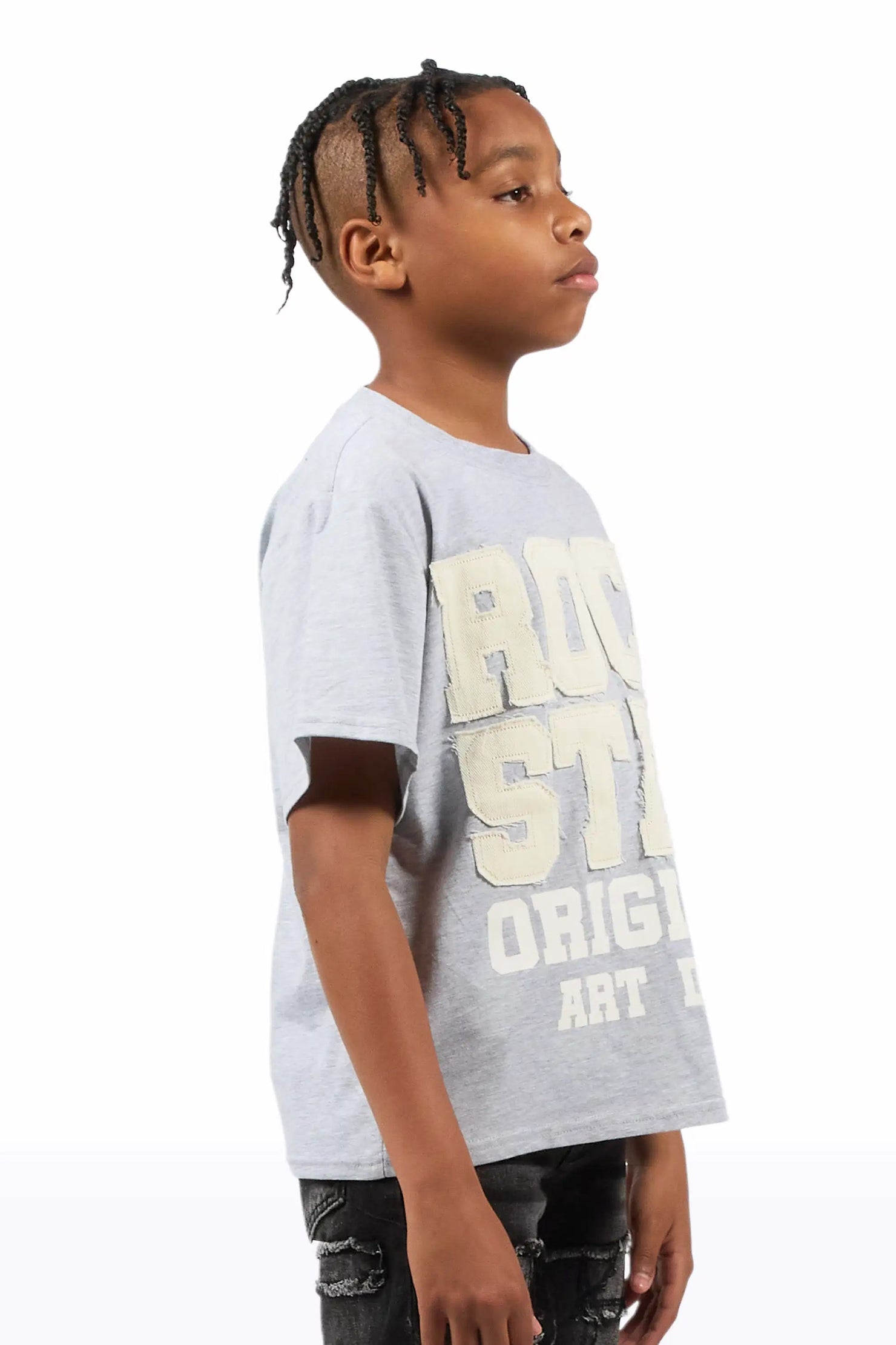 Boys Yulian Heather Grey Patch Stitched Graphic T-Shirt