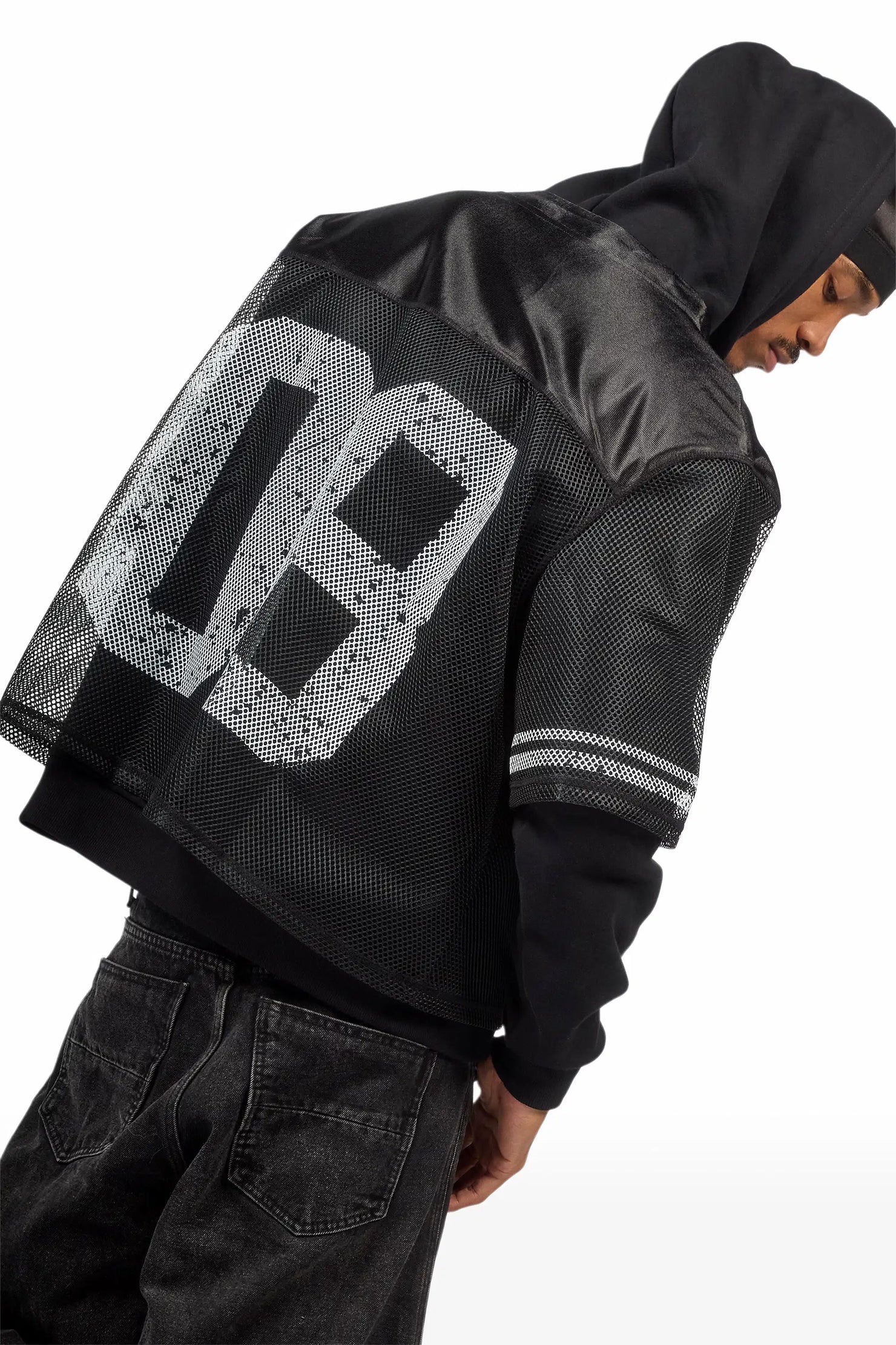 Syncamore Black/White Double Layer Graphic Jersey Hoodie