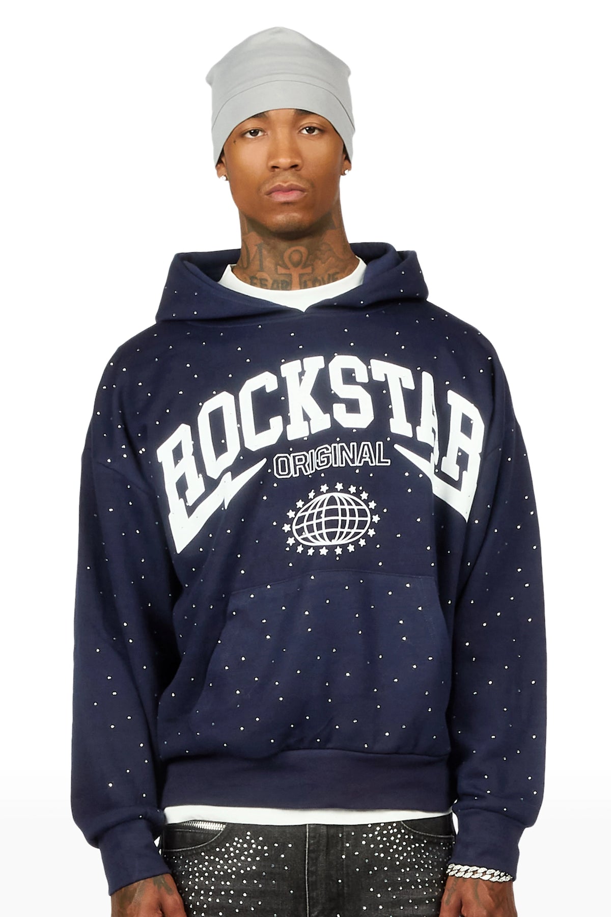 Stori Navy Rhinestone Graphic Hoodie
