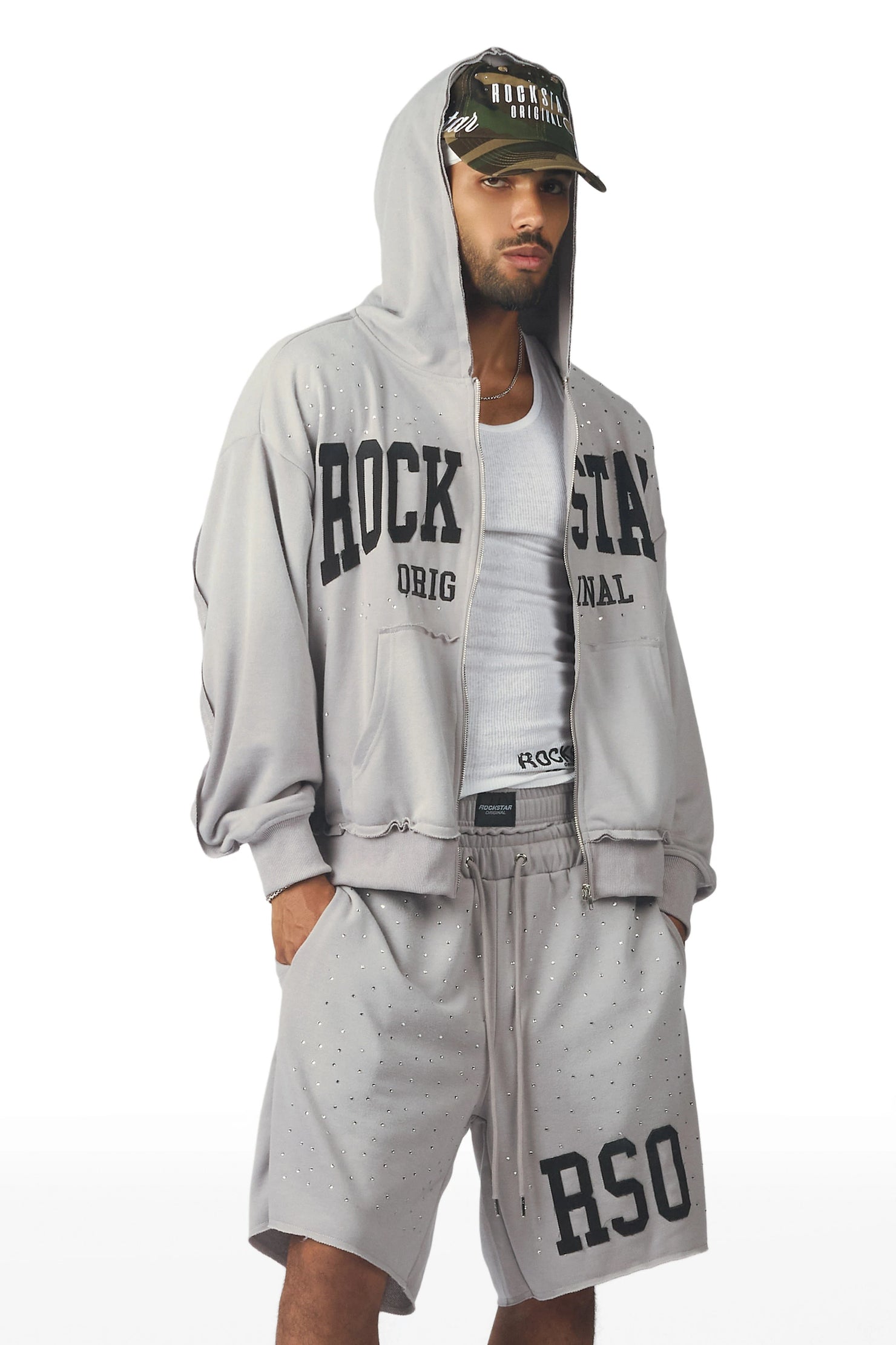 Akila Grey Rhinestone Hoodie Double Waisted Short Set
