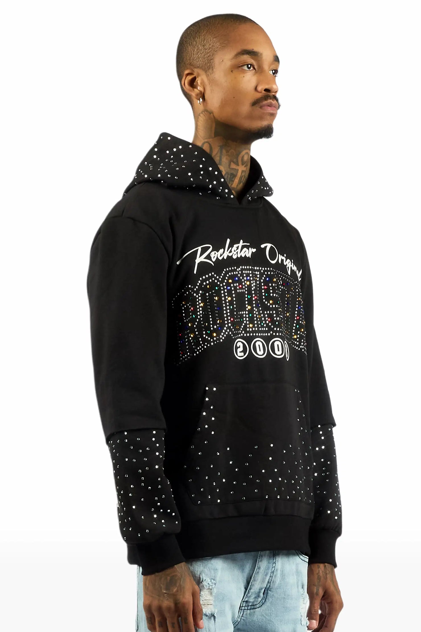 Gabino Black Rhinestone Boxy Crop Hoodie