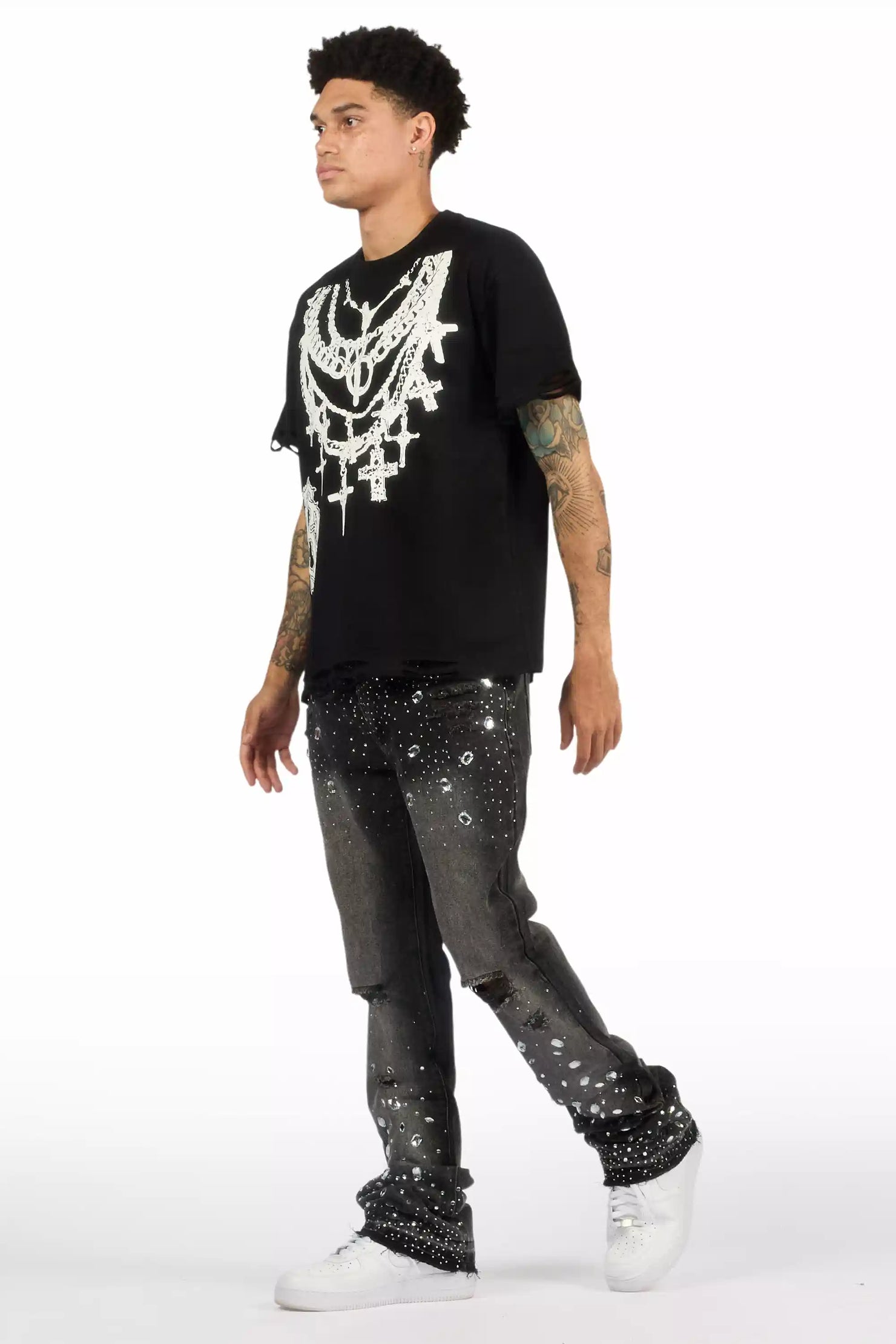 Glanz Dark Grey Rhinestone Stacked Flare Jean