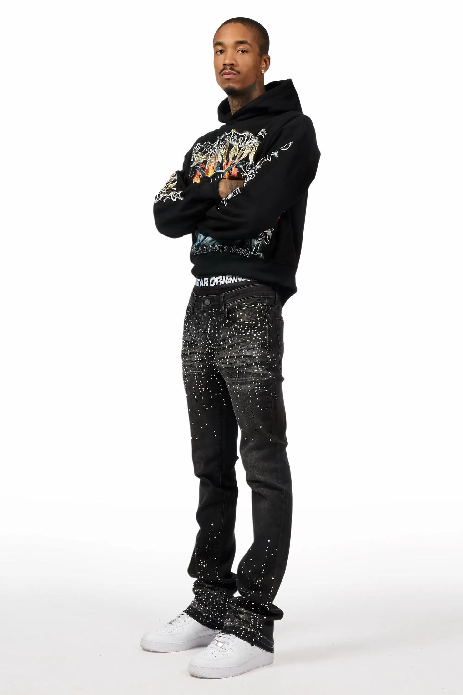 Maxton Dark Grey Rhinestone Stacked Flare Jean