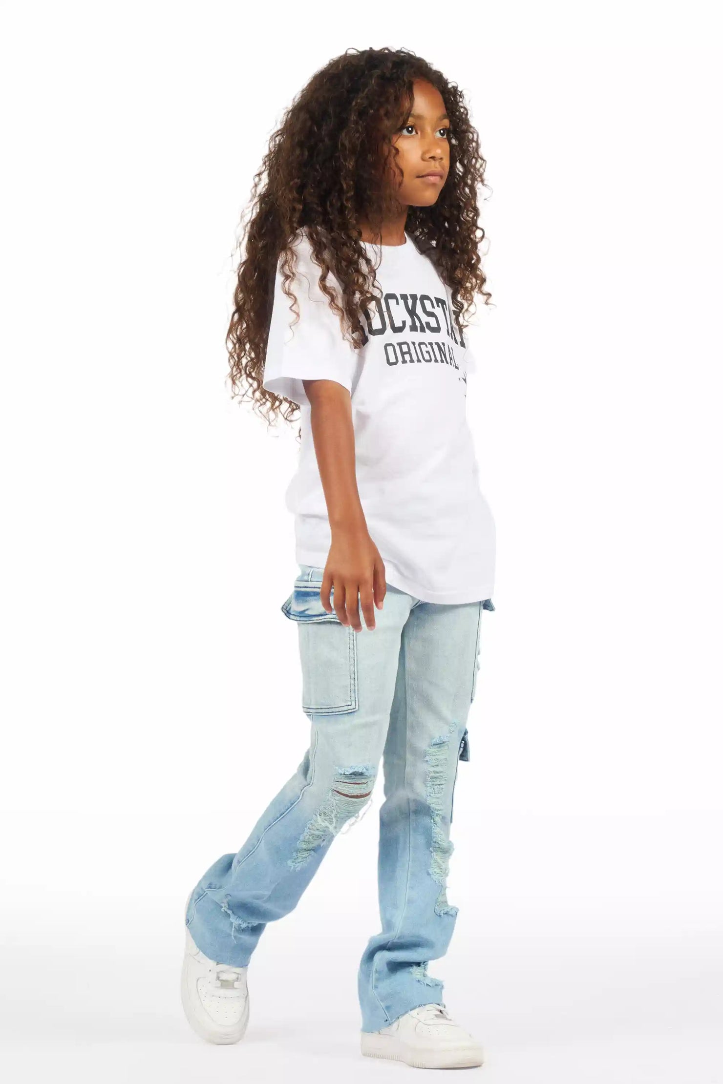 Girls Vixen Light Wash Distressed Stacked Jean