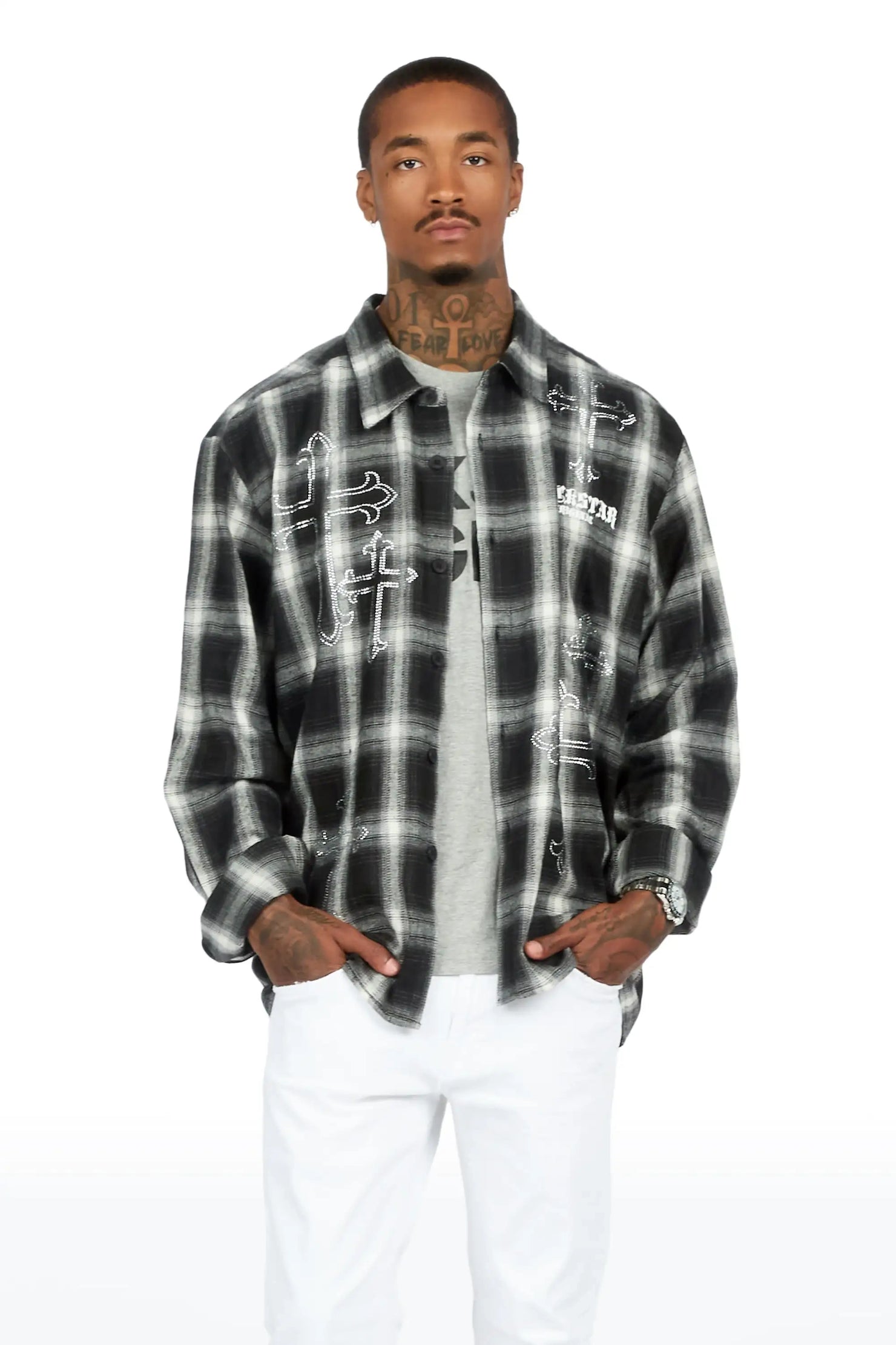 Poldi Black Rhinestone Flannel Long Sleeve Shirt