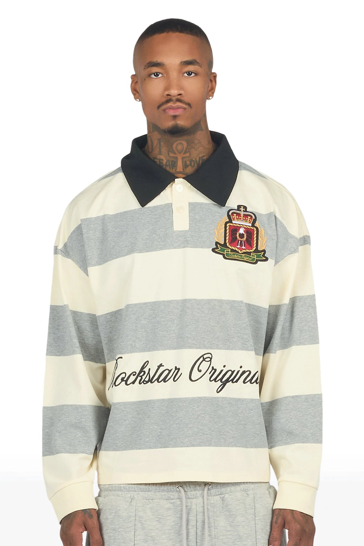 Flynn White/Grey Long Sleeve Polo Shirt