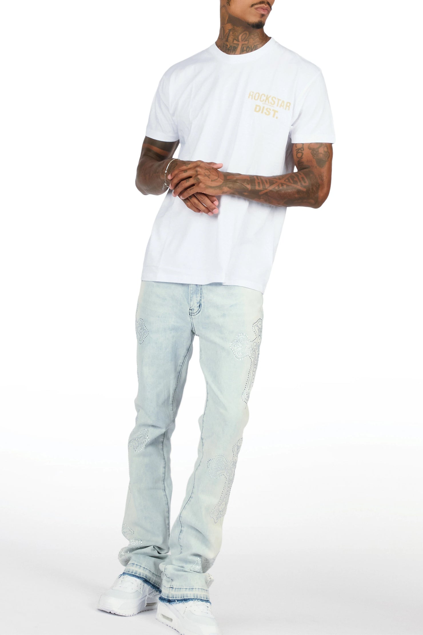 Reggie Light Blue Rhinestone Stacked Flare Jean