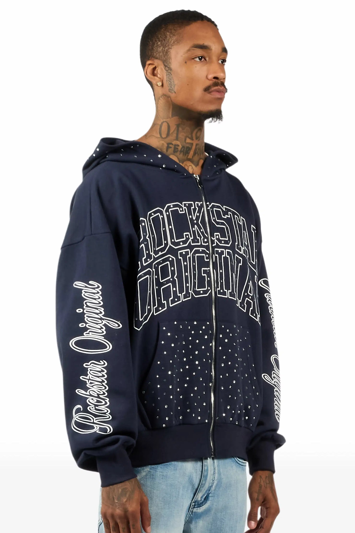 Dripped Navy Rhinestone Hoodie
