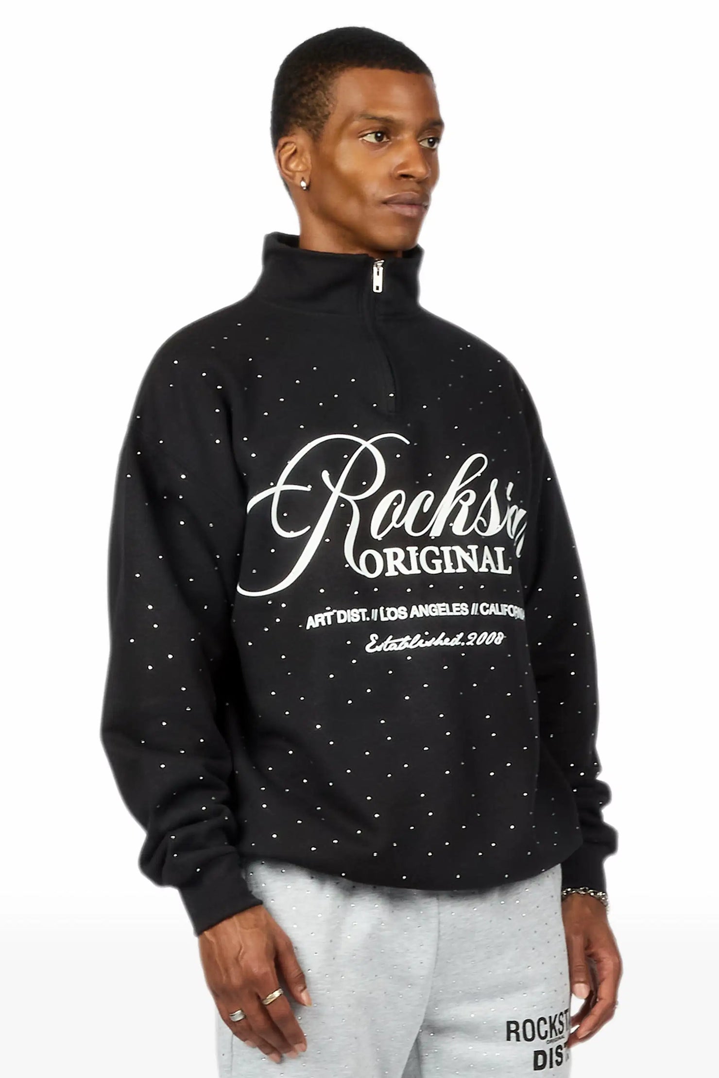 Cero Black Rhinestone Quarter-Zip Sweatshirt