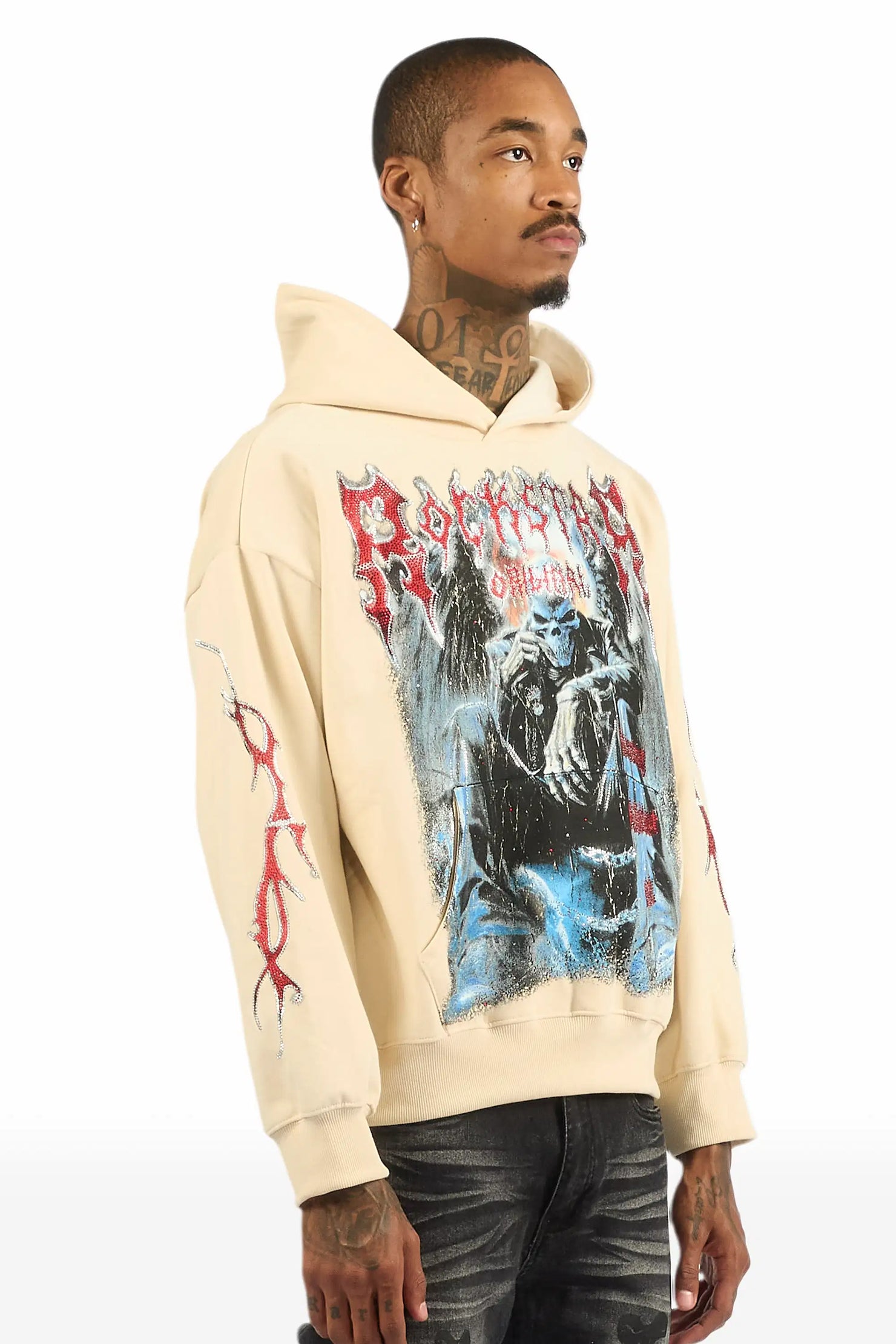 Krowne Beige Rhinestone Oversized Hoodie