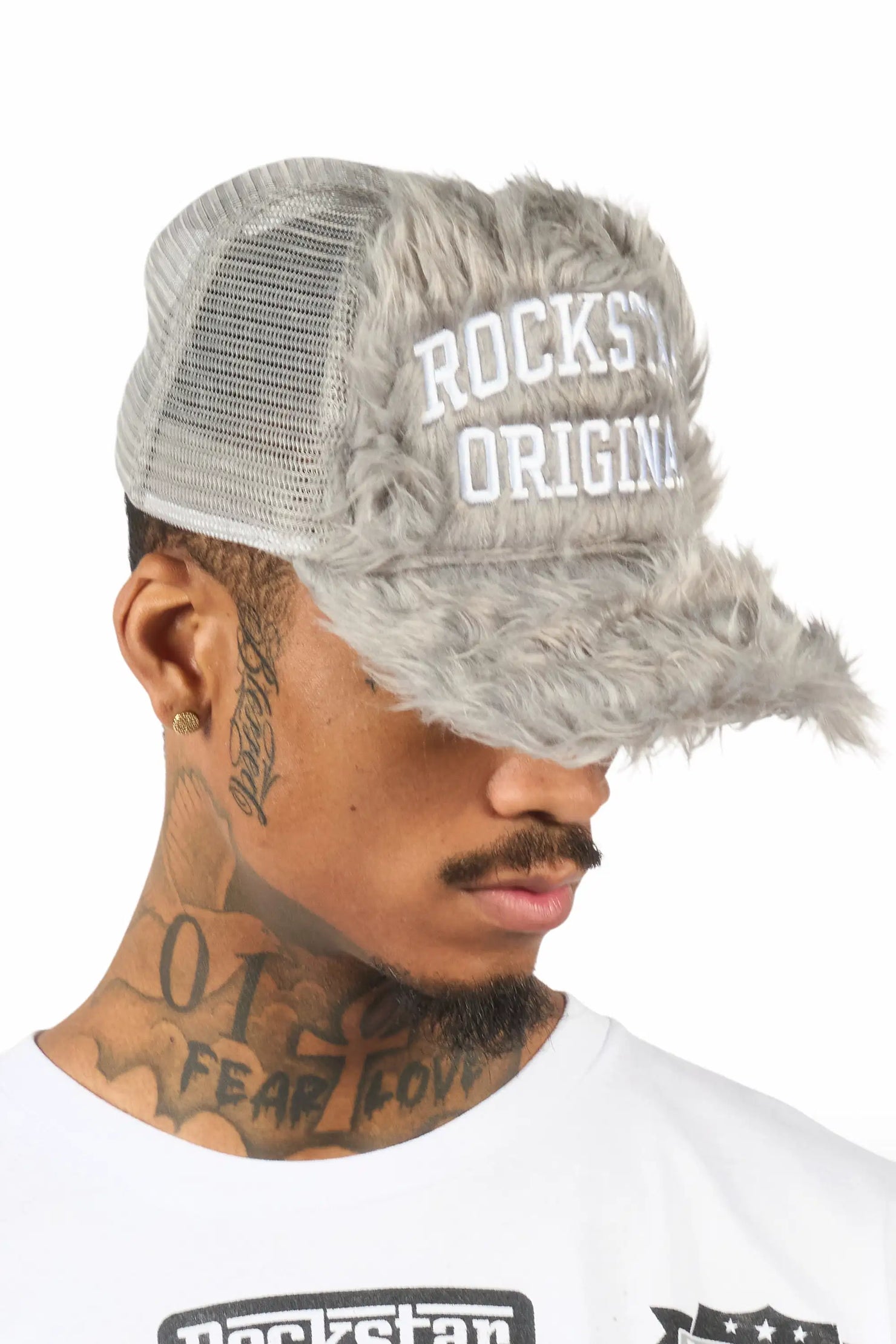 Shaggy Grey Fur Trucker Hat